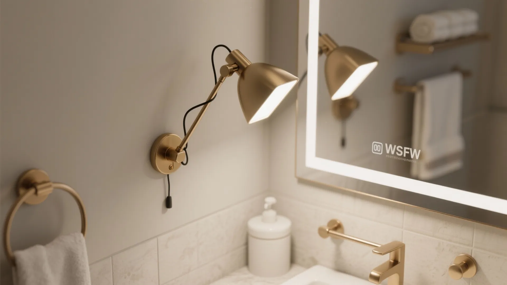 Adjustable swing-arm sconce extended over mirror and folded back to save space