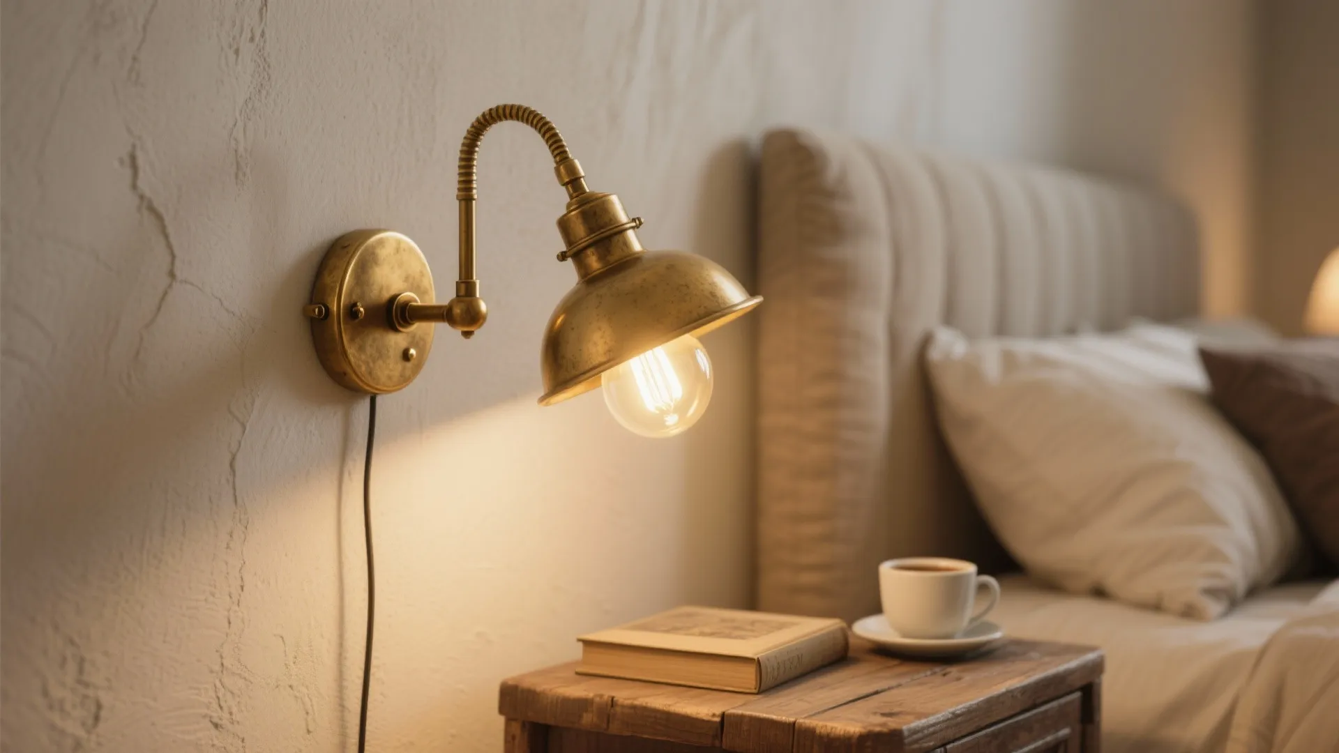 Close-up of a brass swing-arm sconce beside a bed, showing adjustable arm and warm light.