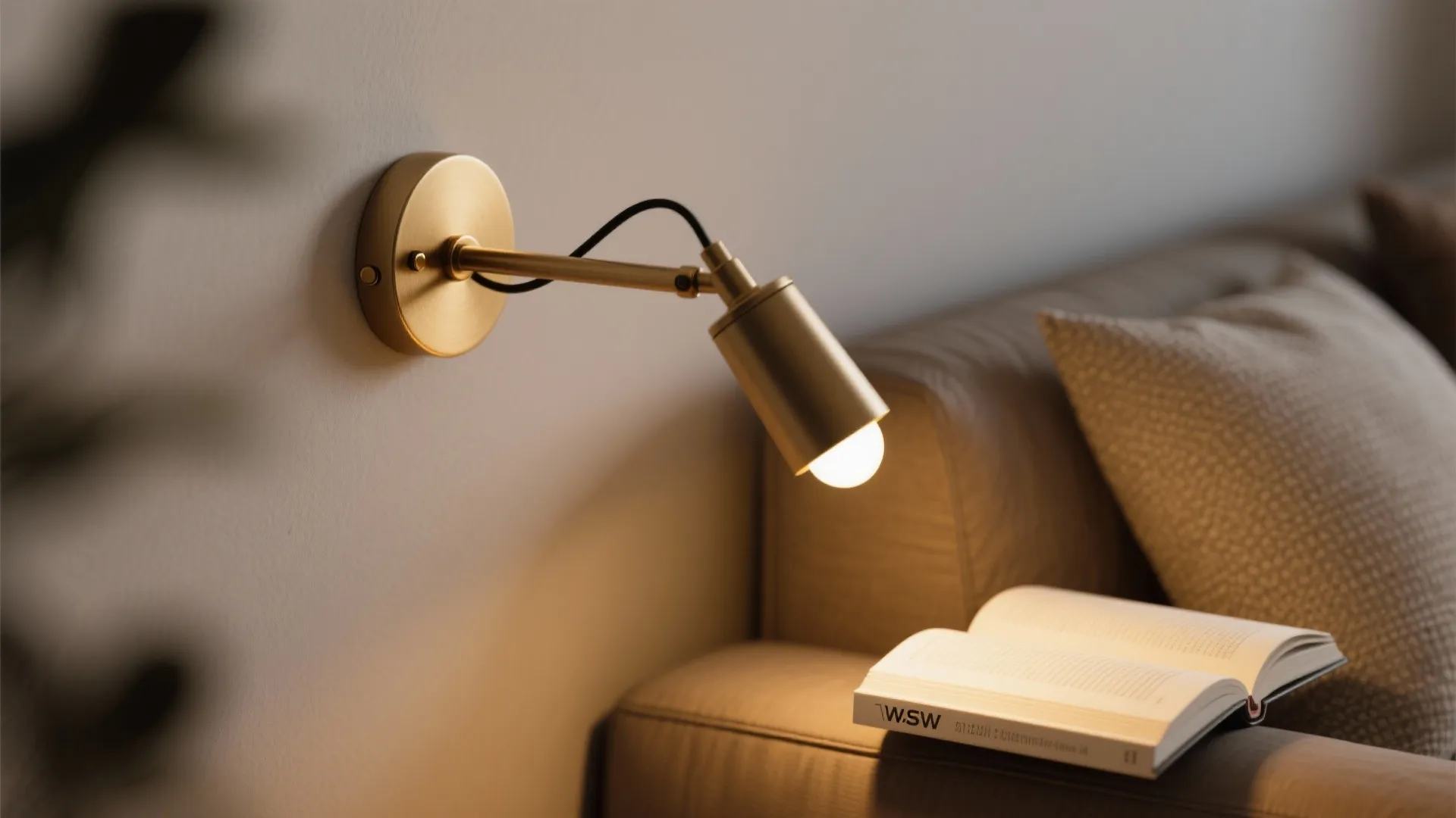 Close-up of a slim swing-arm sconce with a warm reading light over a sofa.