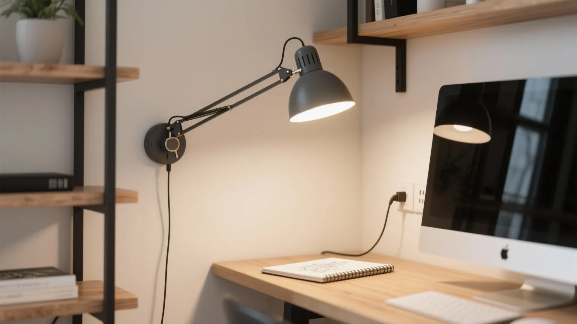 Adjustable swing-arm sconces for flexible work modes