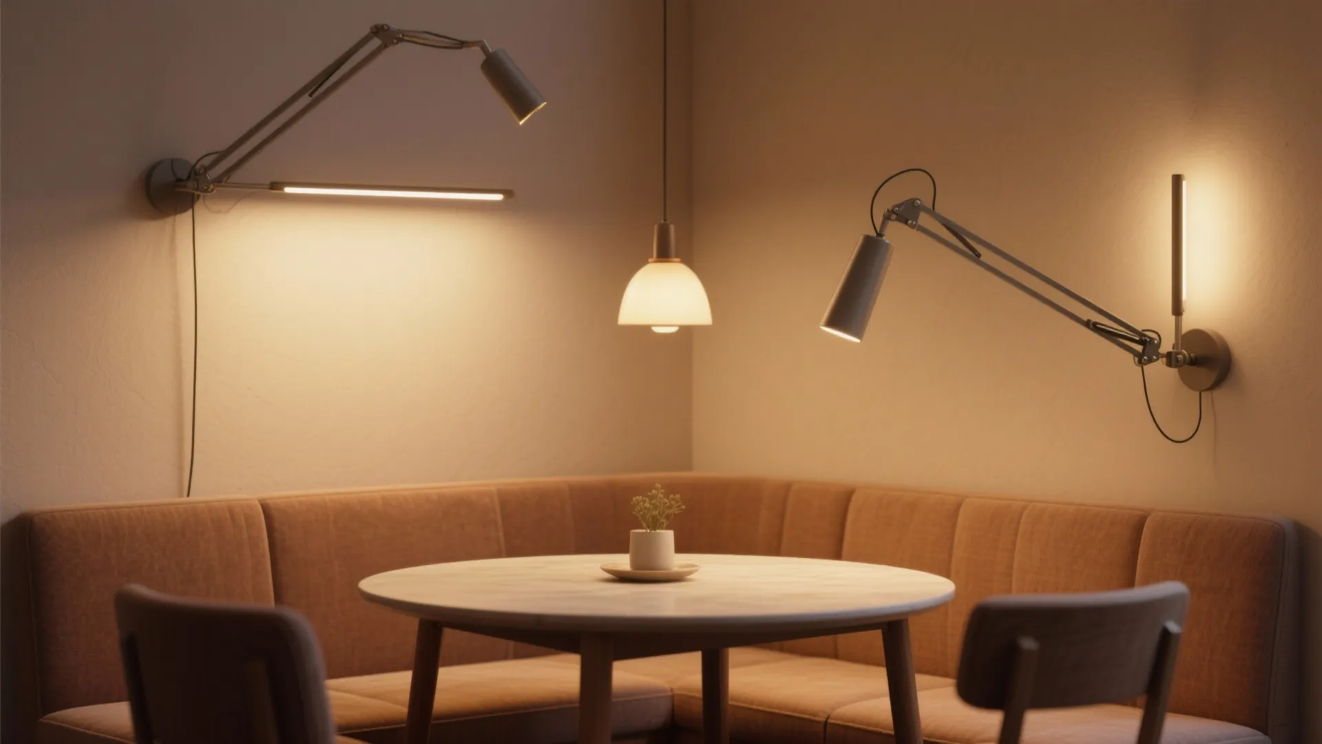 Modern dining corner featuring round table brown sofa two adjustable wall lights and small ceiling light