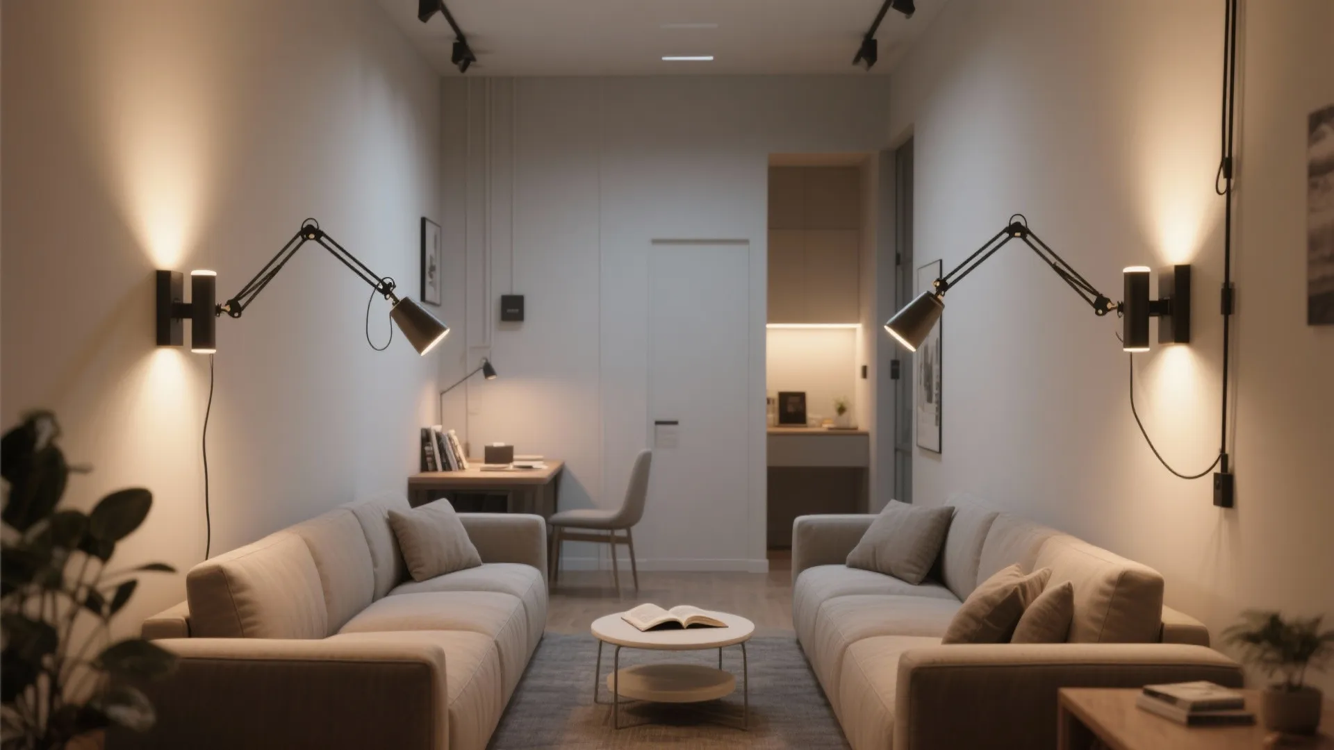 Adjustable swing-arm sconces for flexible living zones