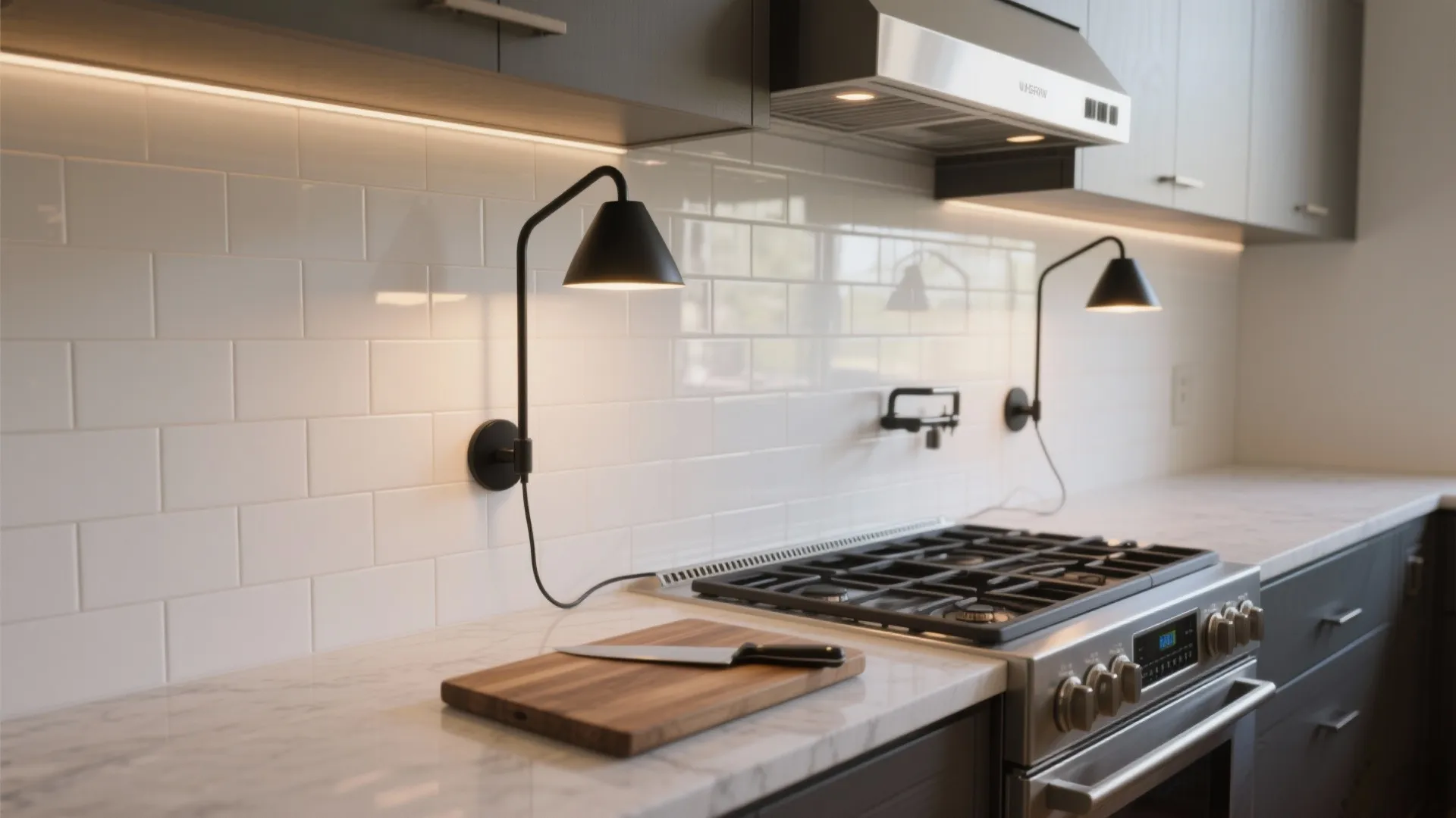 Swing-arm sconces above the splash zone