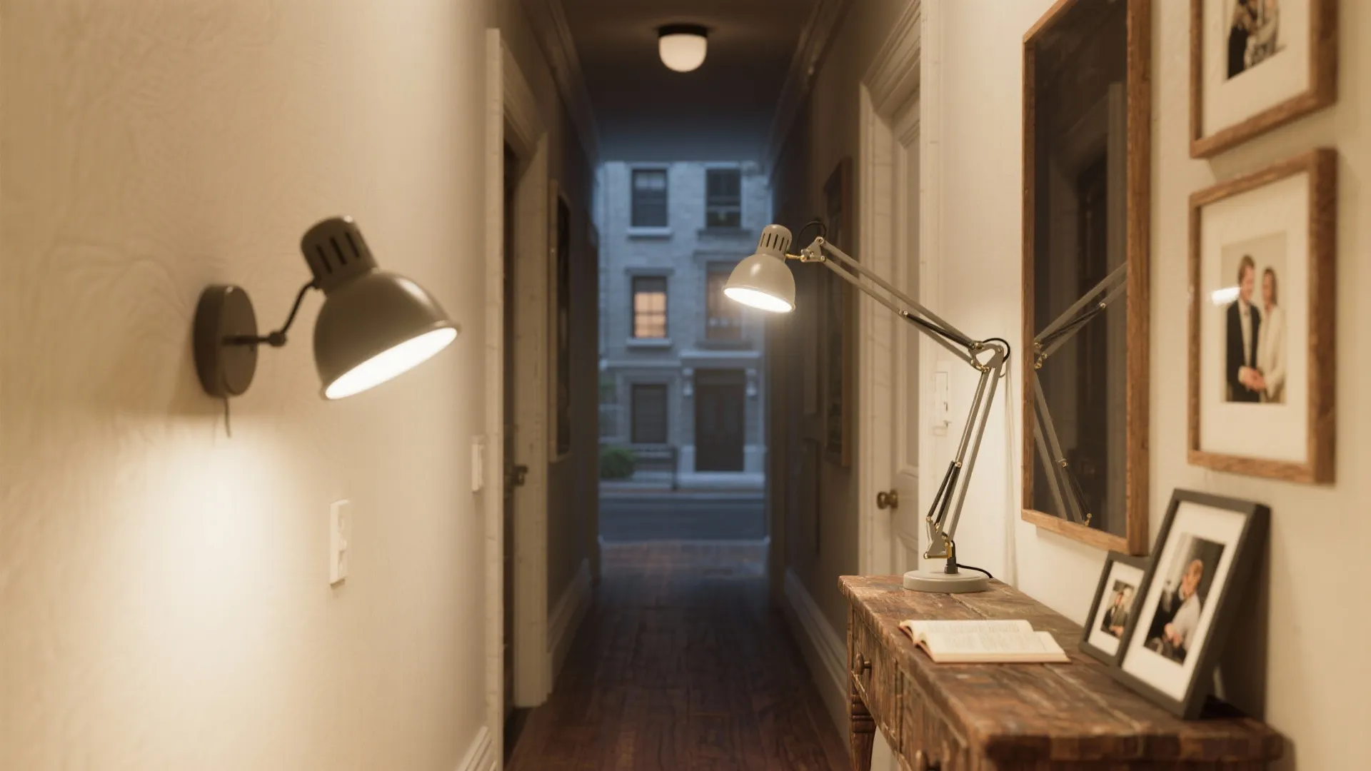 Long hallway featuring a wall light and desk lamp on a wooden cabinet with frames