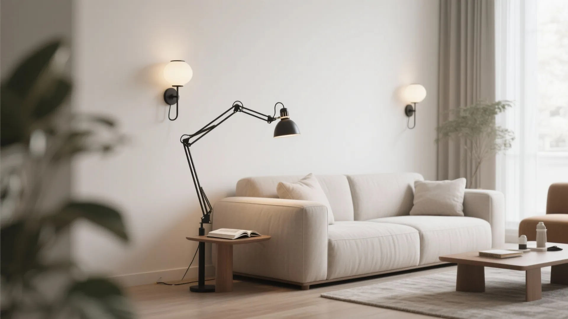 Living room with swing arm wall sconces beside a modern sofa