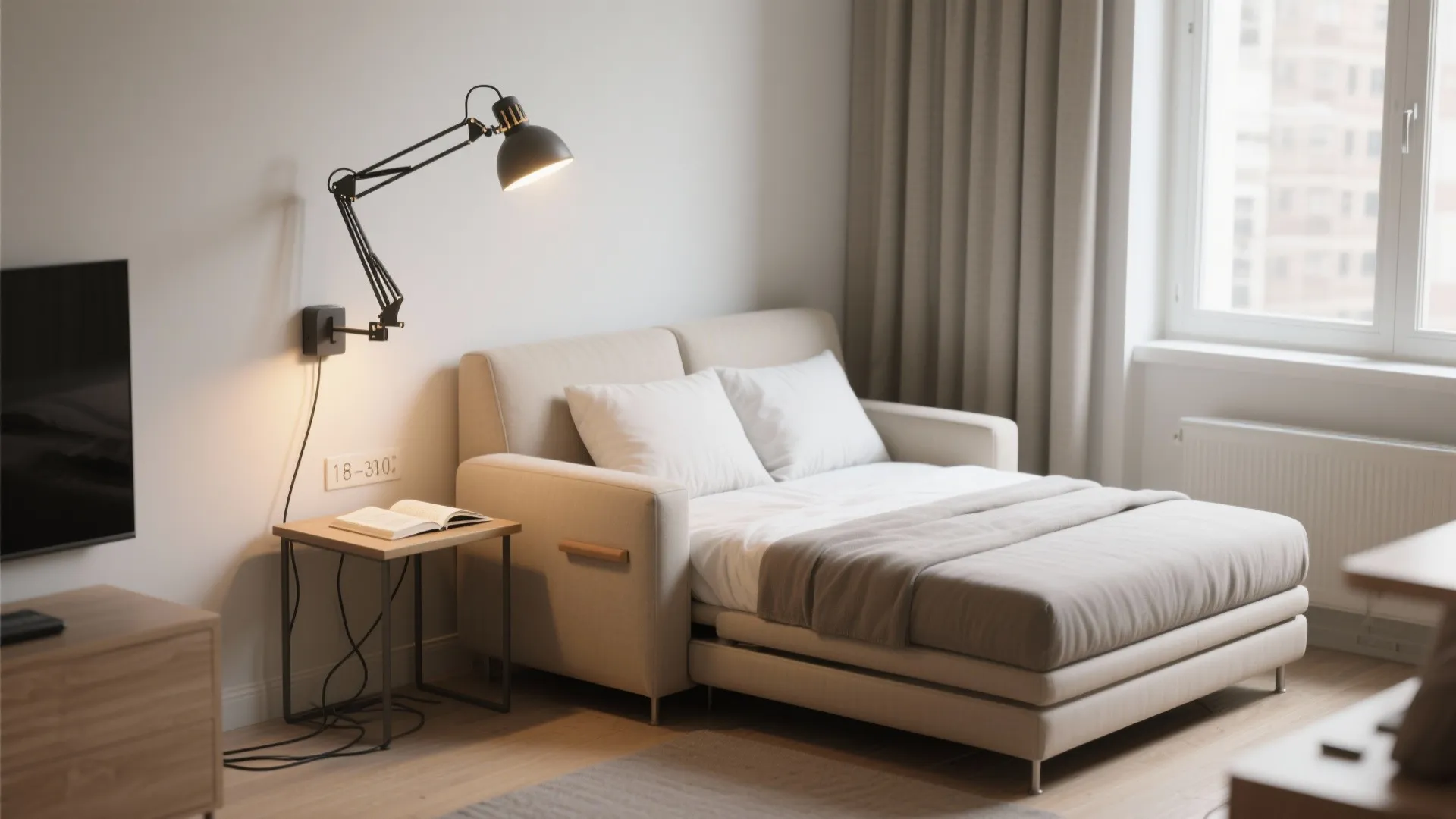 Beige sofa bed in room with black wall light and a small wooden side table