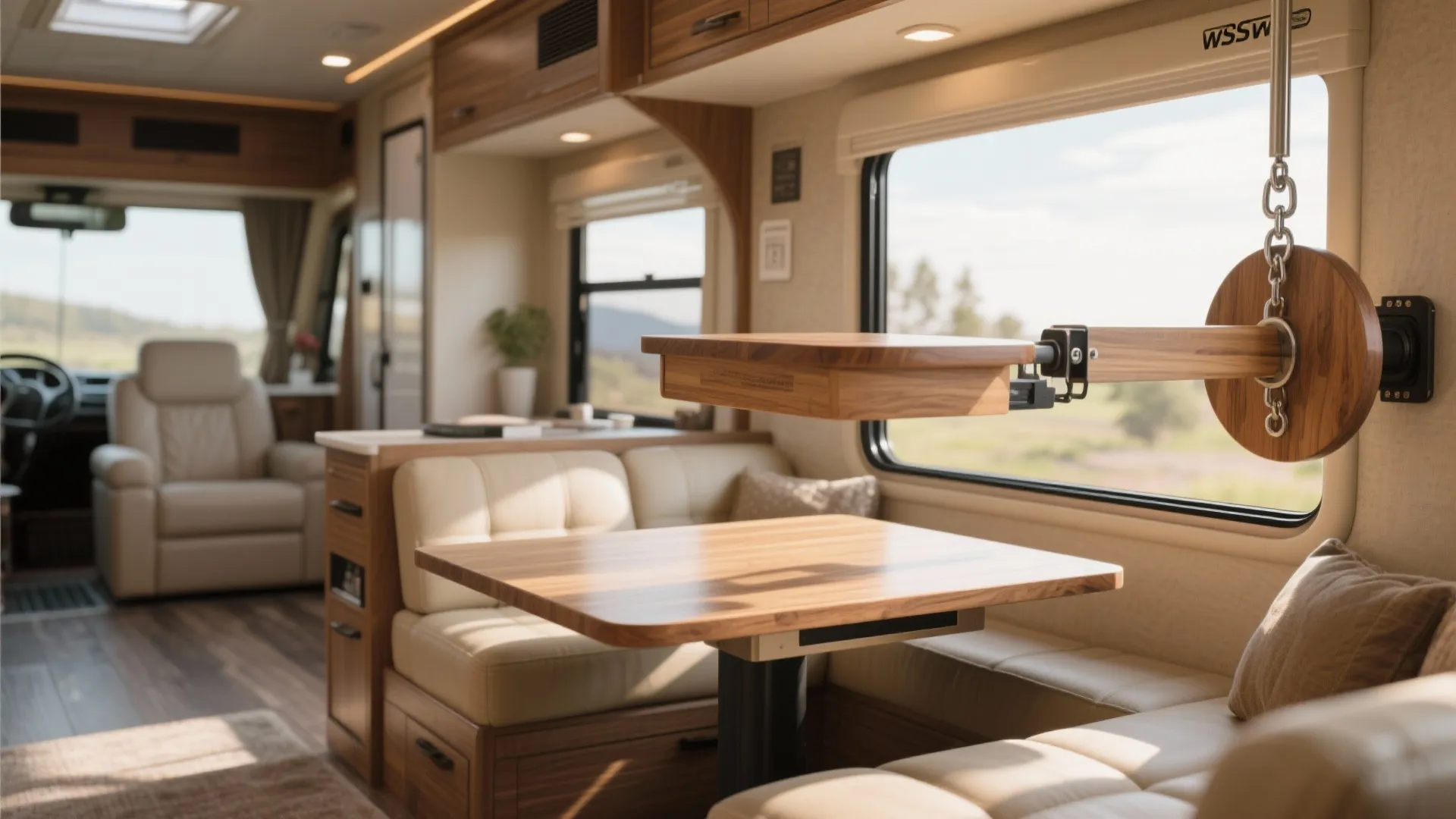 Wooden swing arm table attached to wall above a fixed dining table inside a camper