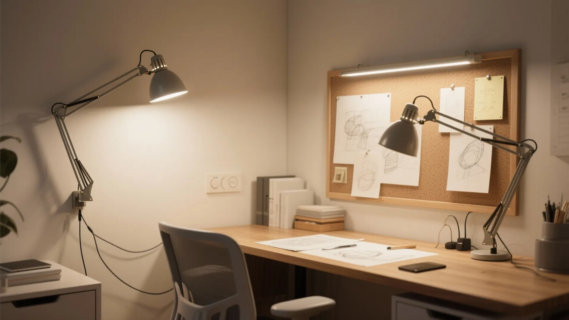 Adjustable swing-arm lamps for task zones