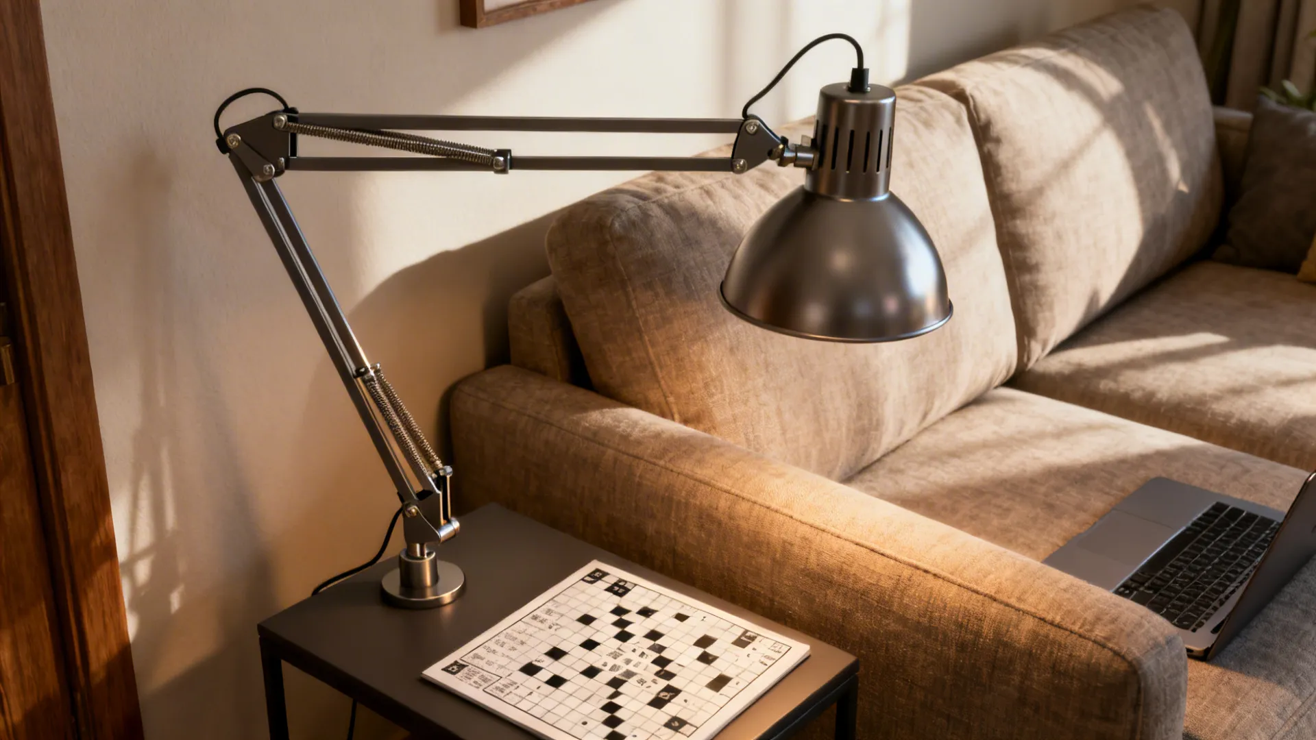 Loveseat corner with an adjustable swing-arm lamp positioned for task lighting over a laptop and book