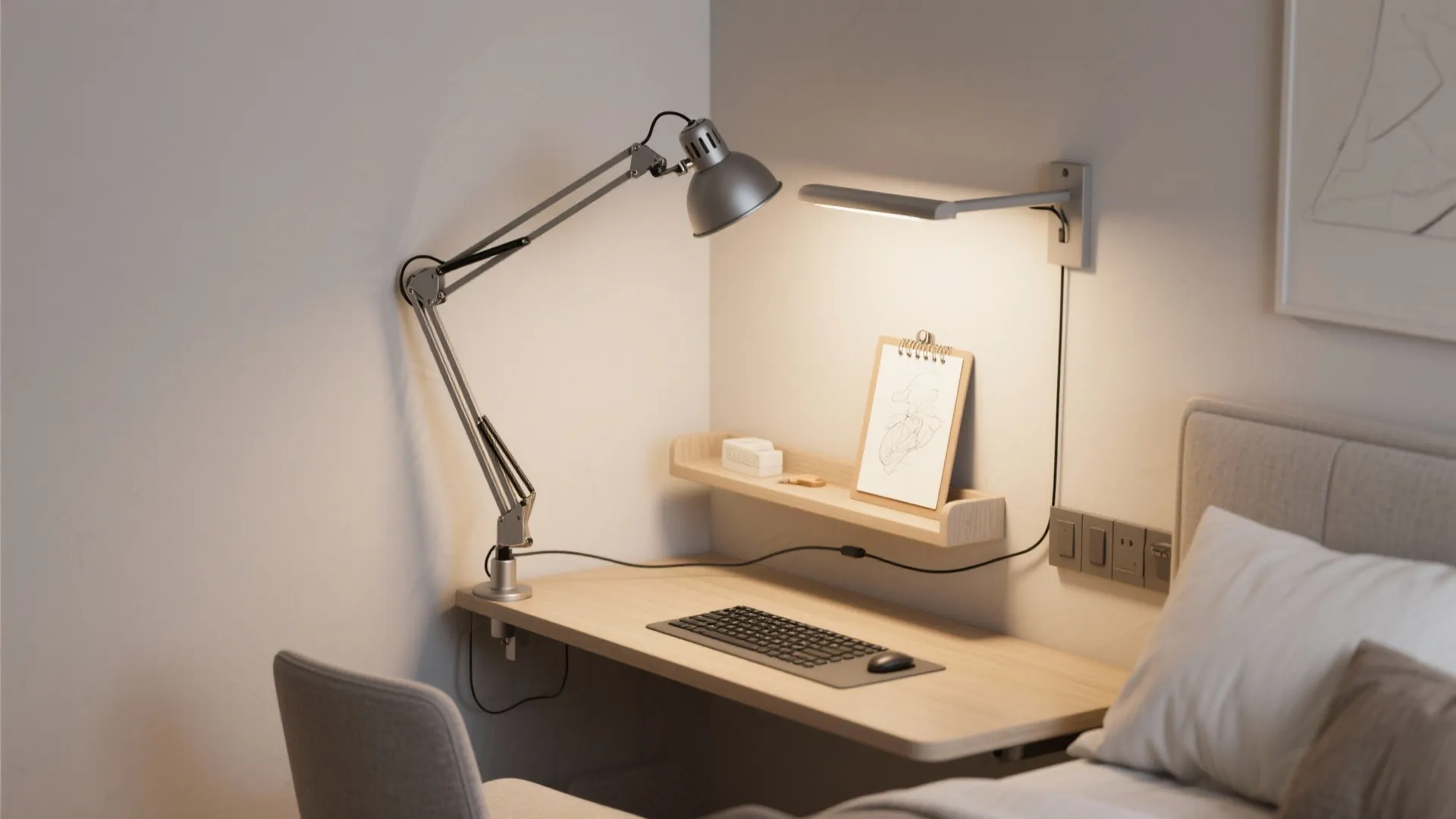 2) Swing-arm sconces as flexible task lights