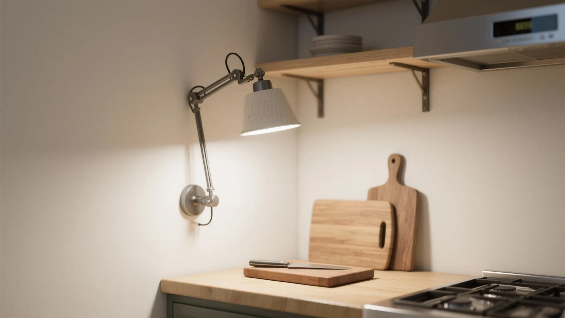 Adjustable grey wall light shining over a wooden kitchen counter with cutting boards and knife