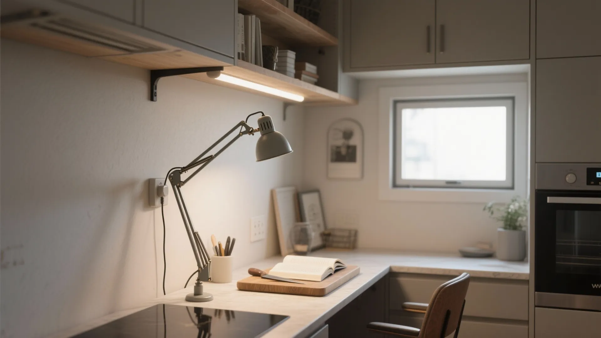 Modern grey desk lamp lighting up a white home office workspace with book and chair