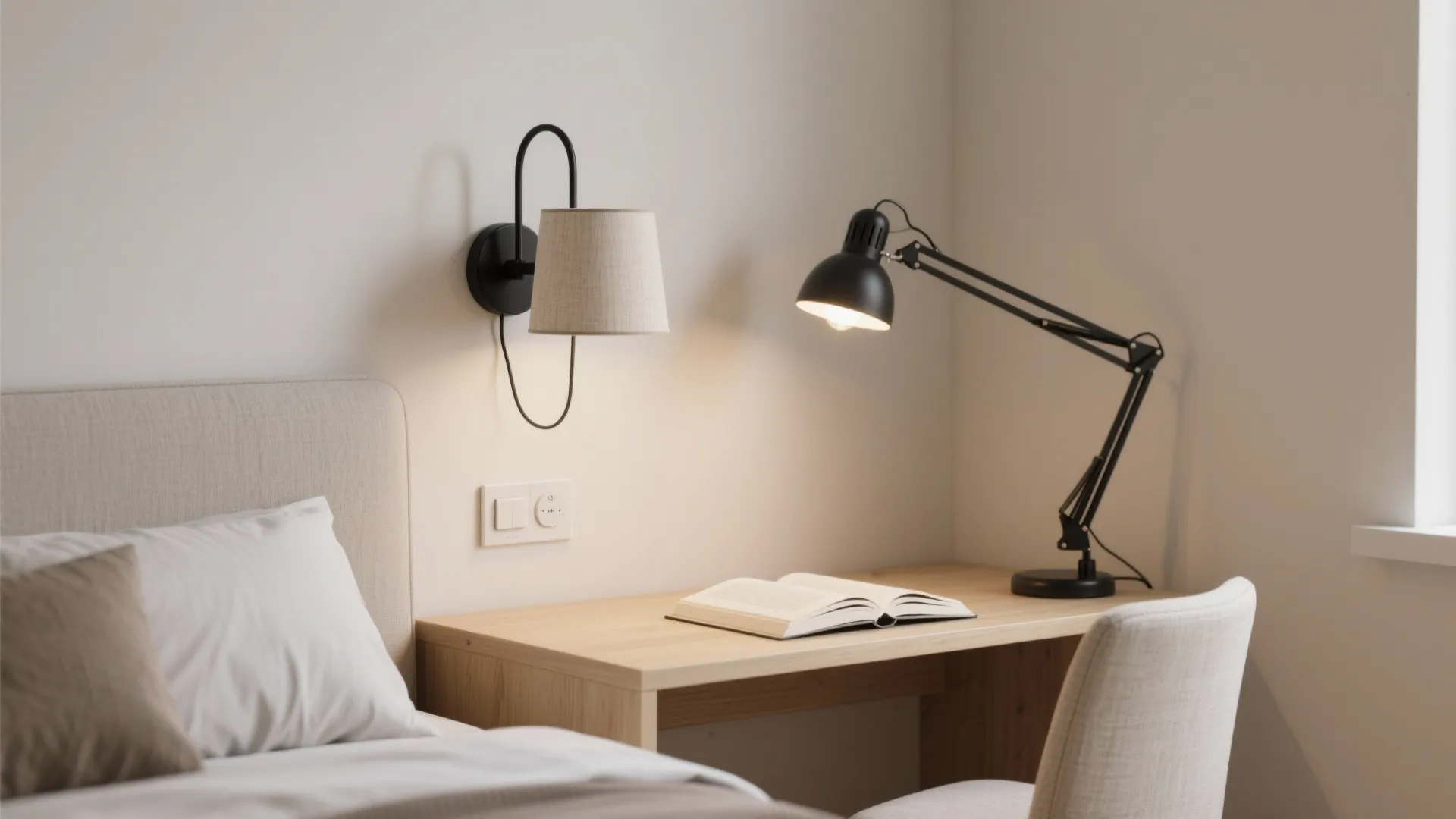 Swing-arm sconces for flexible task zones