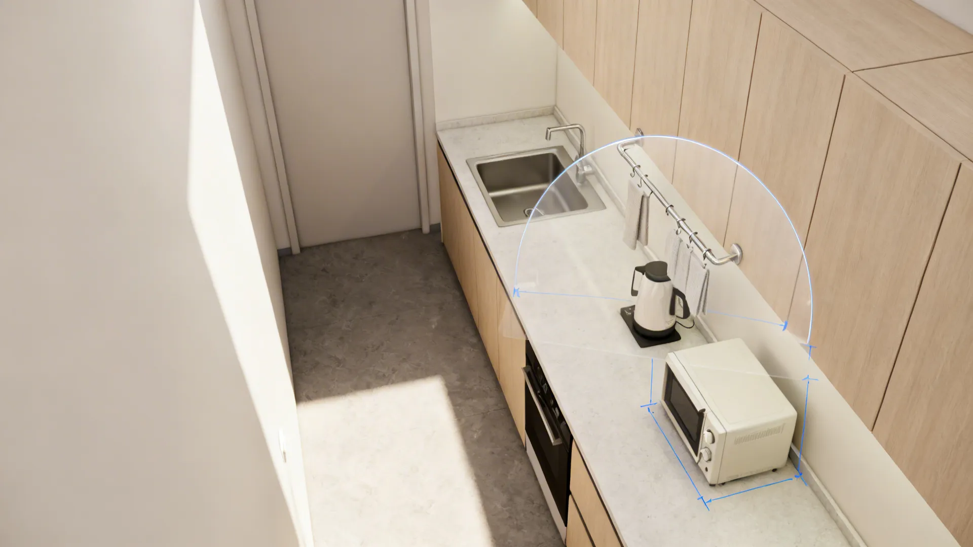 Top-down view showing swing arm towel bar clearance near sink and appliances.