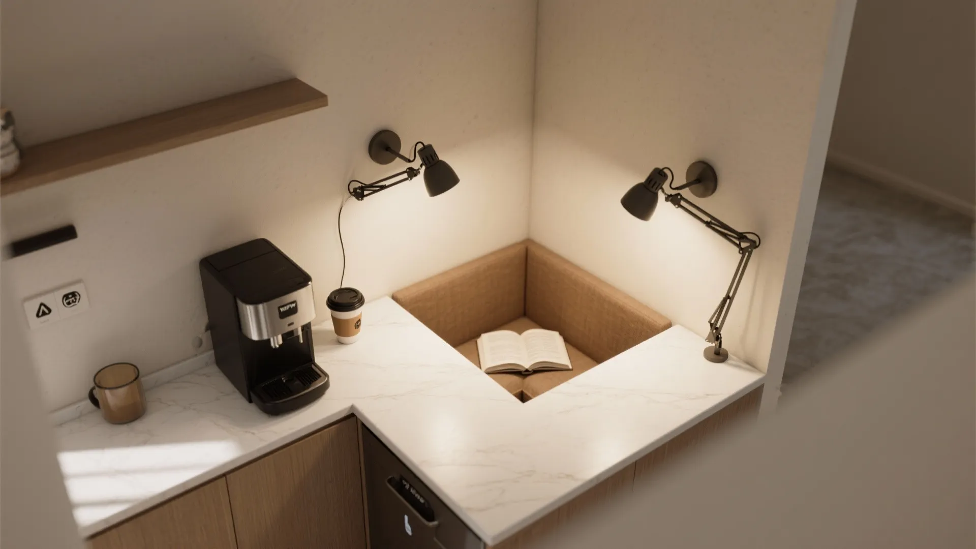 Mirrored swing-arm lights for flexible zones