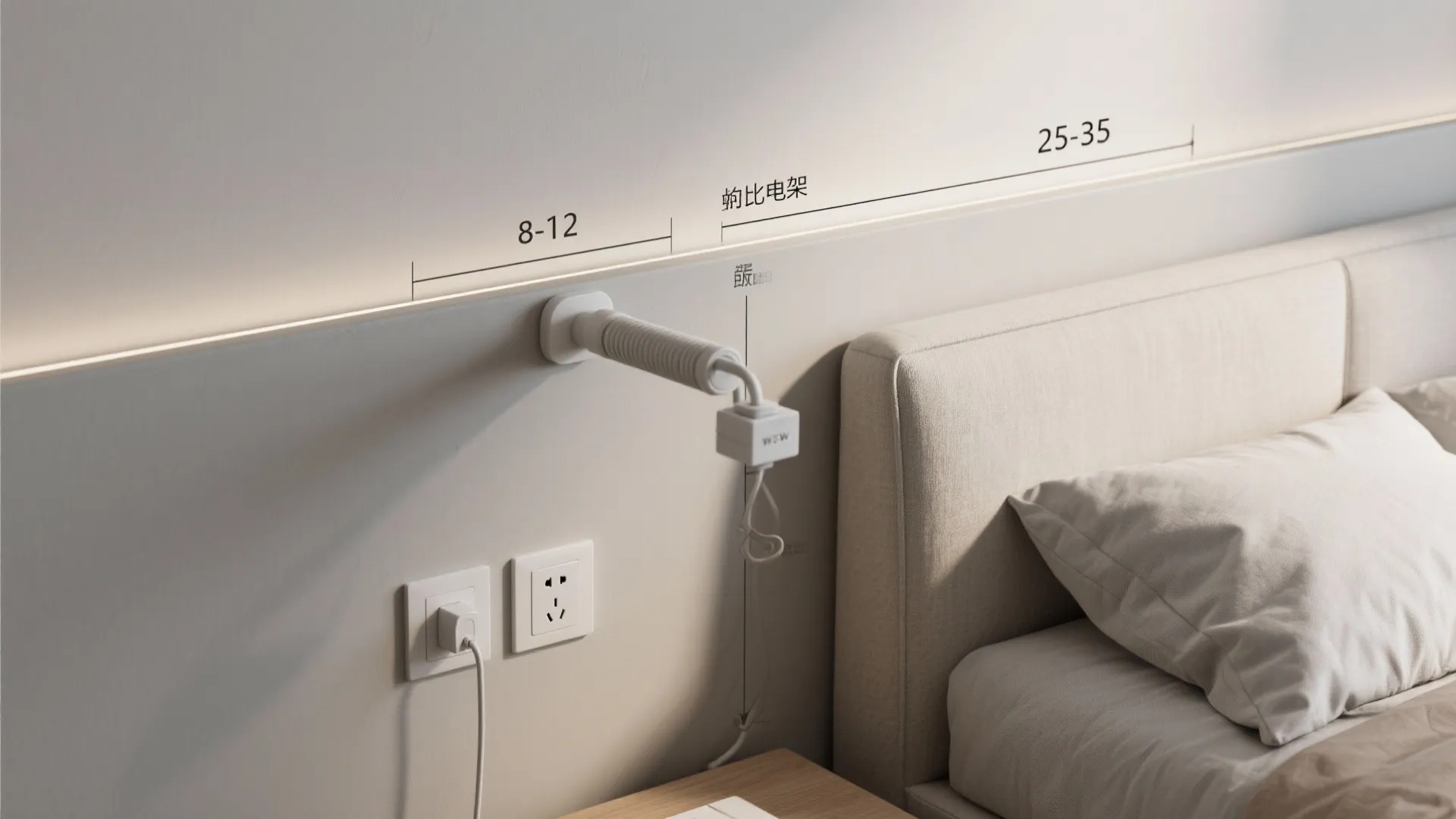 White adjustable wall light fixture above a bed headboard with measurement lines and power outlets