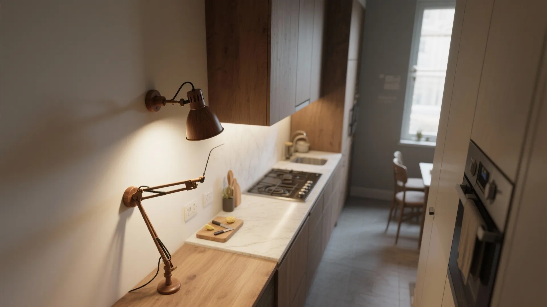 Adjustable wooden swing-arm lights that double as task and accent