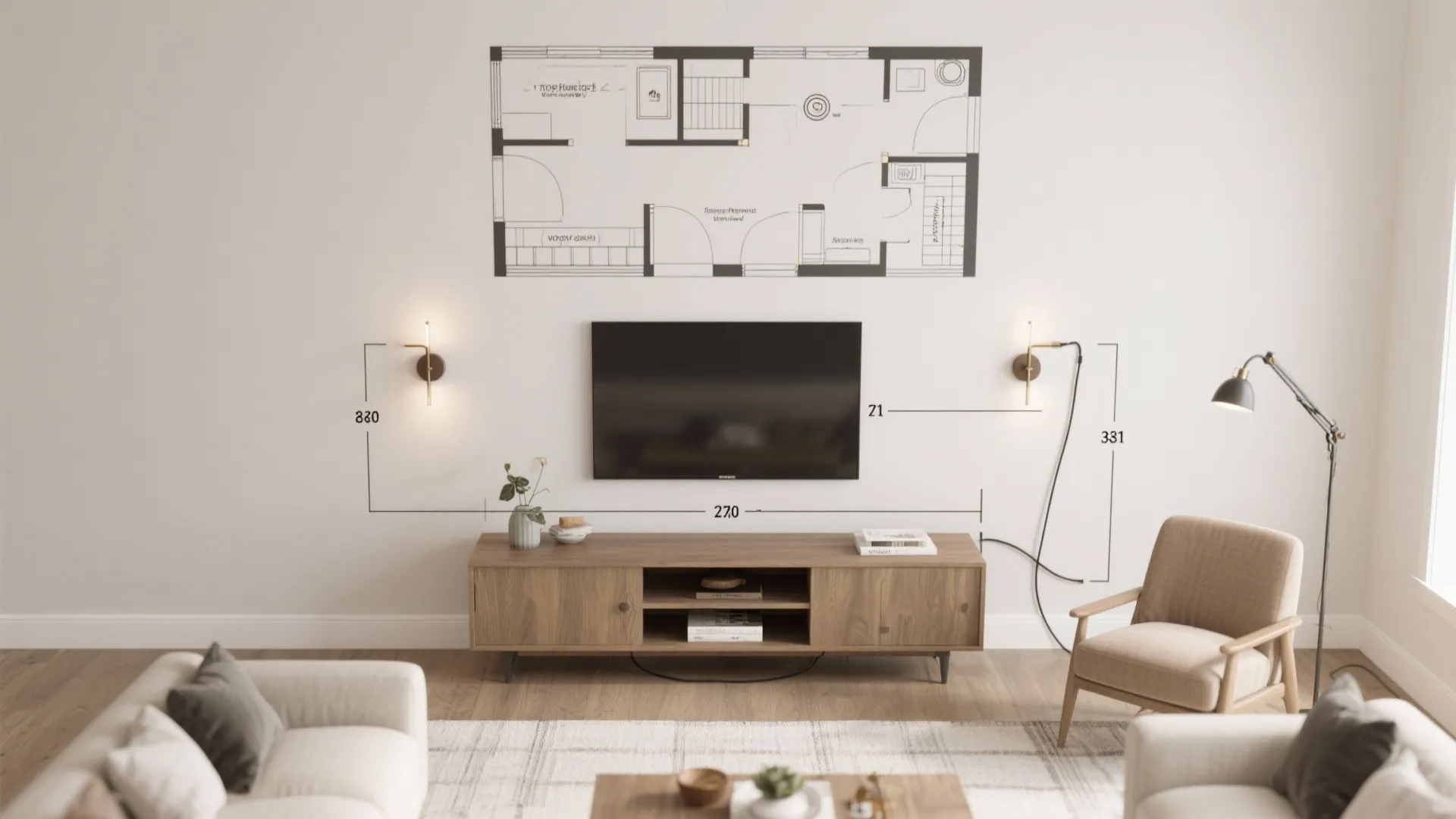 Top-down planning view showing swing arm sconce positions, pivot ranges, and tidy cord routes.