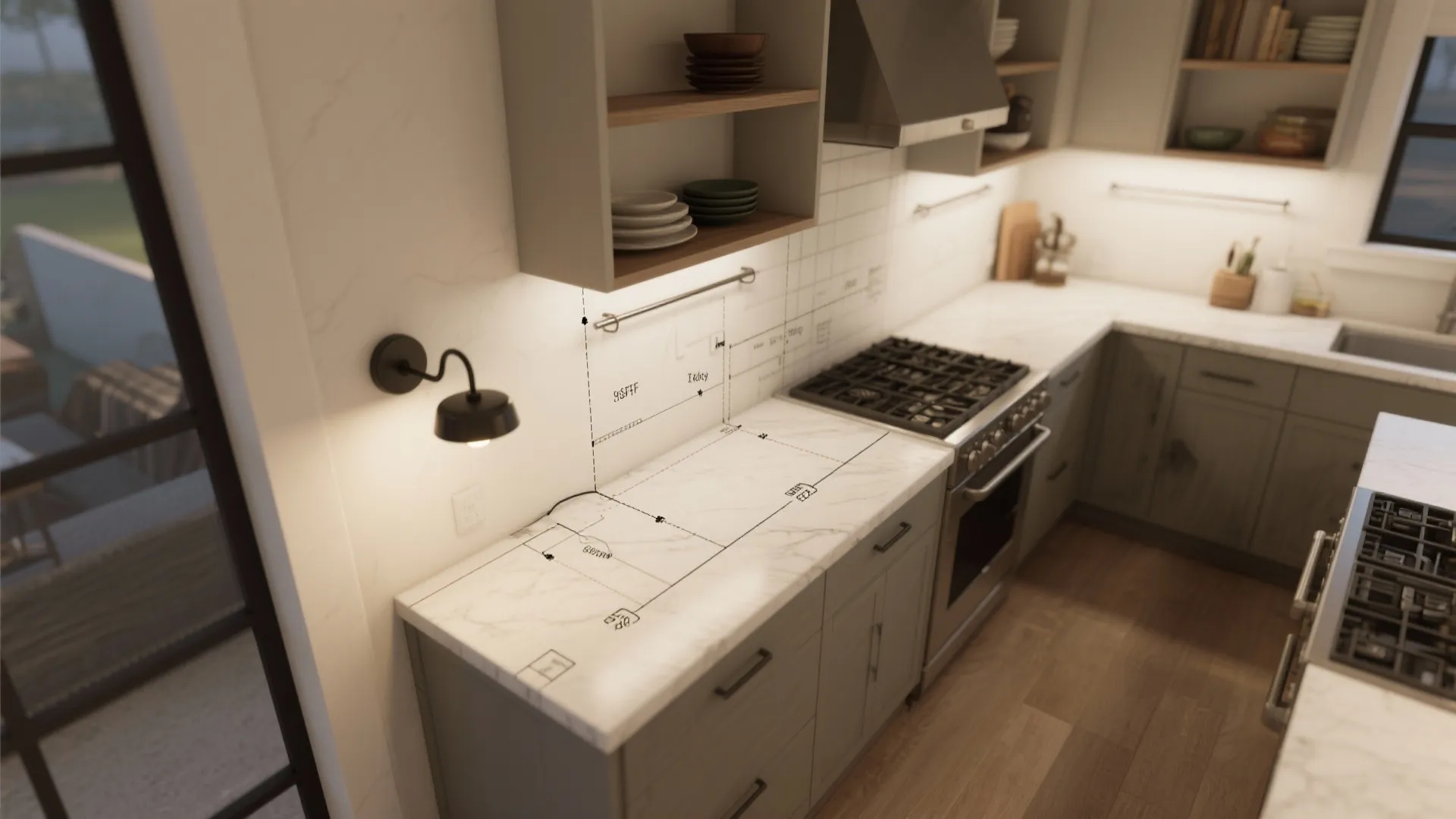 Adjustable swing-arm sconces over the prep area