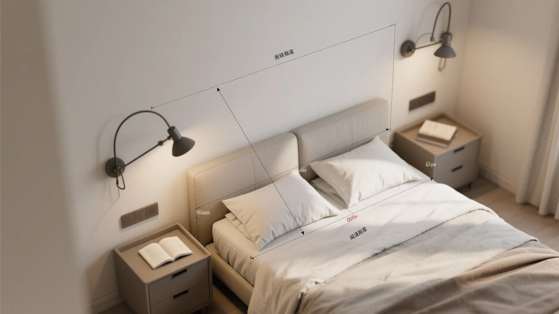 Interior design drawing showing bedroom measurements with bed and wall lights for a room layout