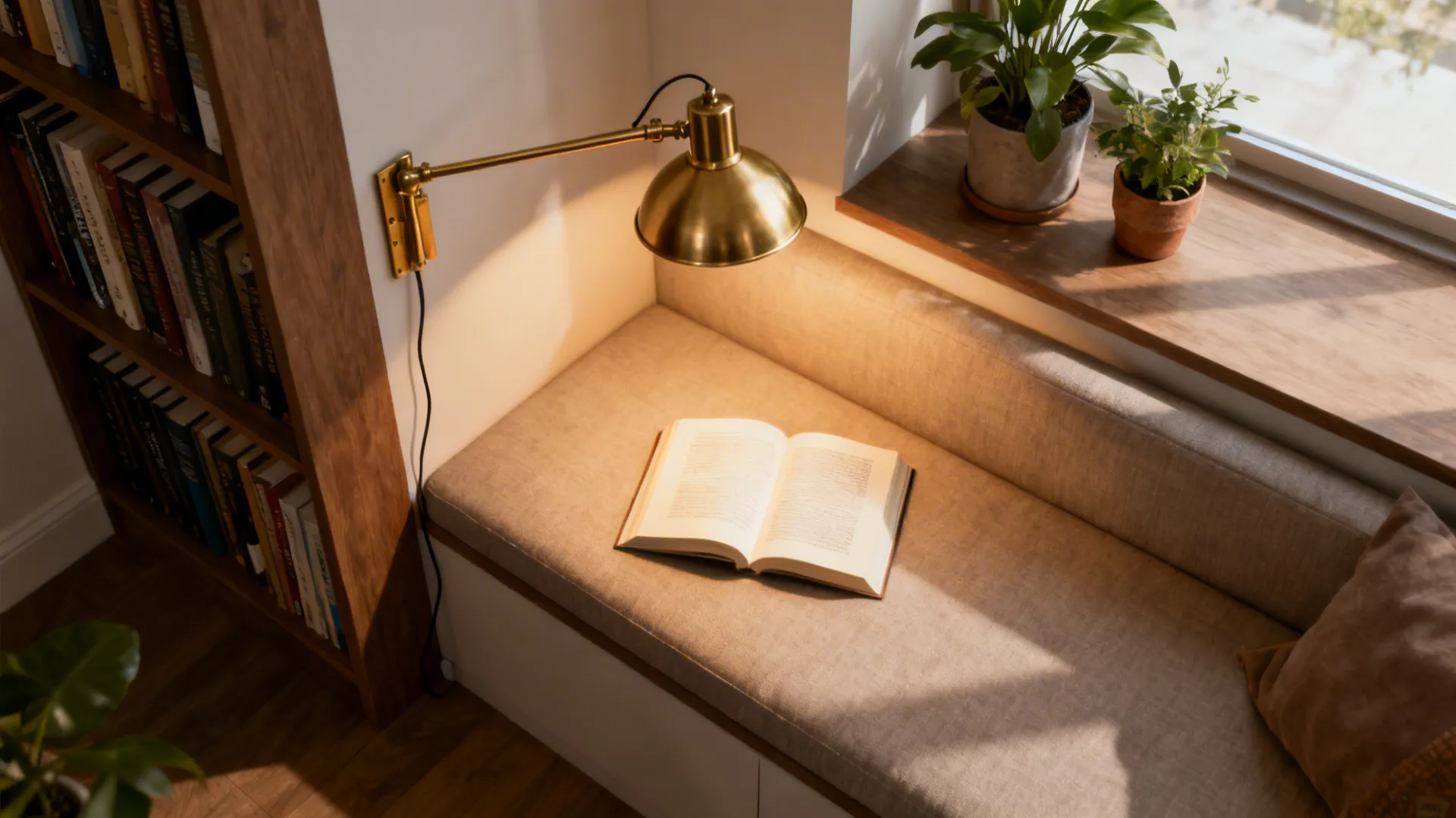 Top-down view of a brass swing-arm lamp lighting a book in a small corner next to a bookcase