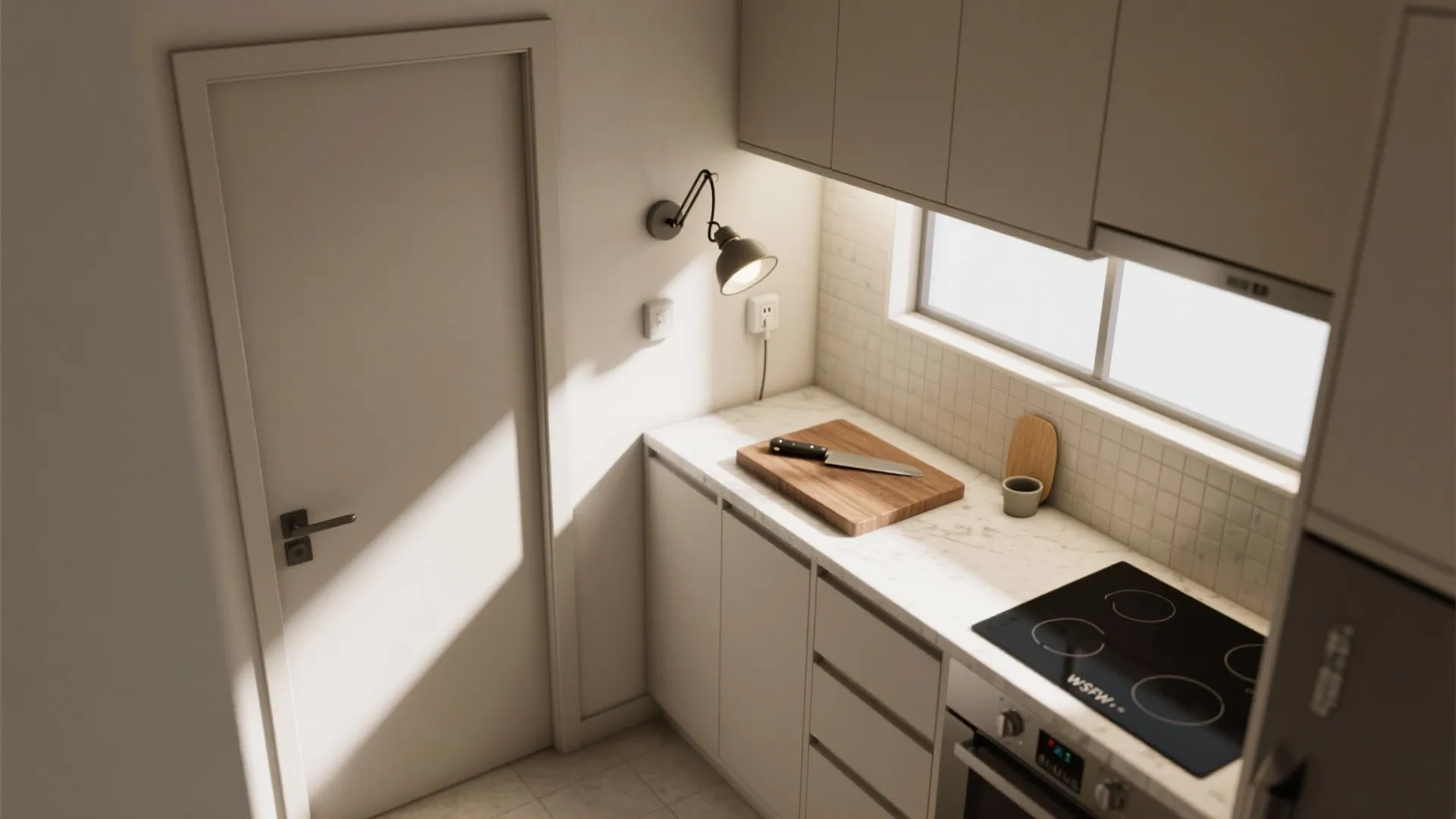 Modern small kitchen with white cabinets marble countertop electric stove wooden cutting board and wall light