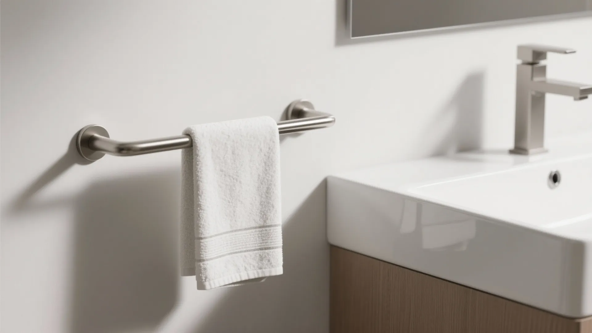 Silver towel bar on white wall holding white towel next to modern white bathroom sink