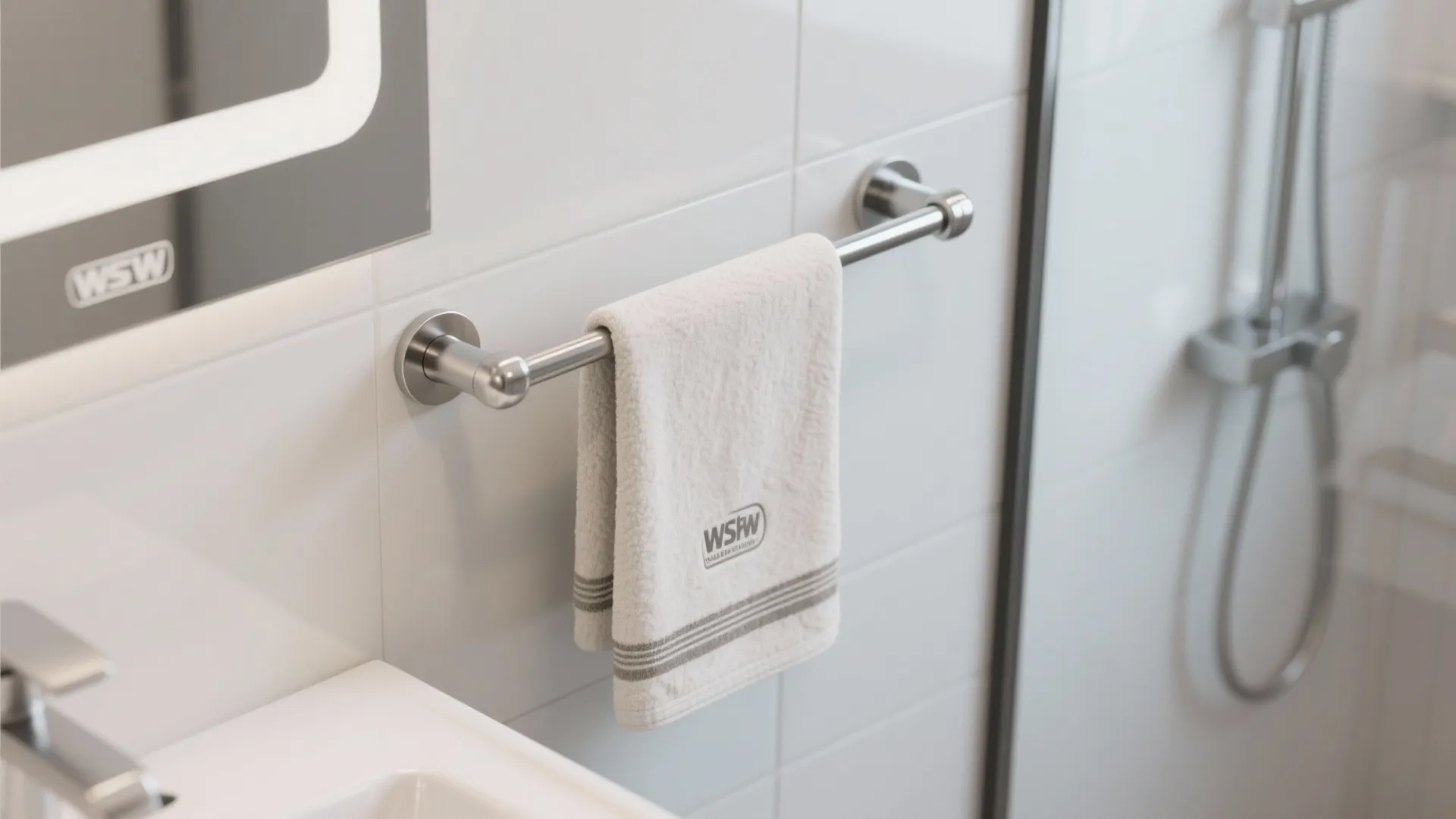 Modern bathroom with silver metal towel bar holding a white towel on white tiled wall