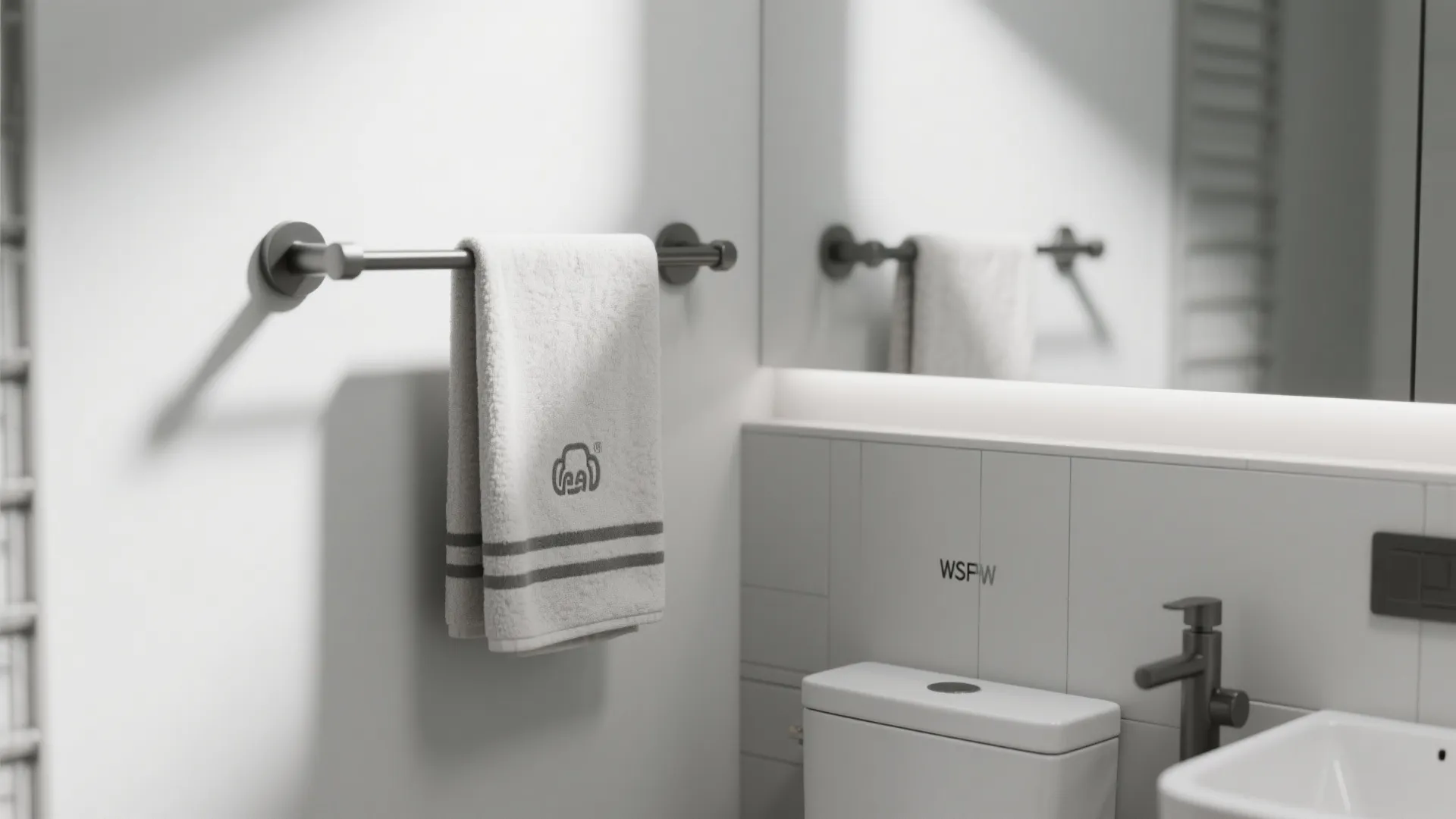 Minimalist bathroom interior featuring black wall light fixture holding white towel near sink and mirror