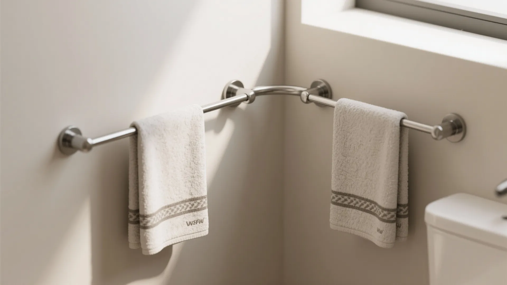 Metal corner towel bar with two white hand towels hanging on a beige bathroom wall corner