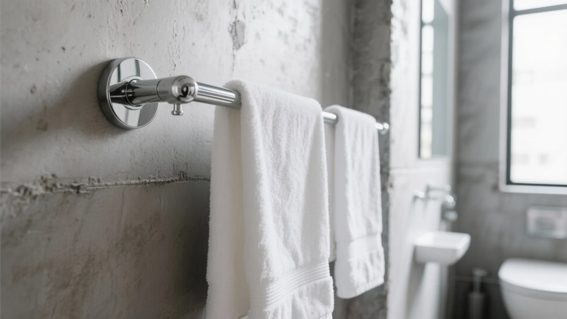 Close up of chrome towel rail with white towels on concrete wall in modern industrial bathroom