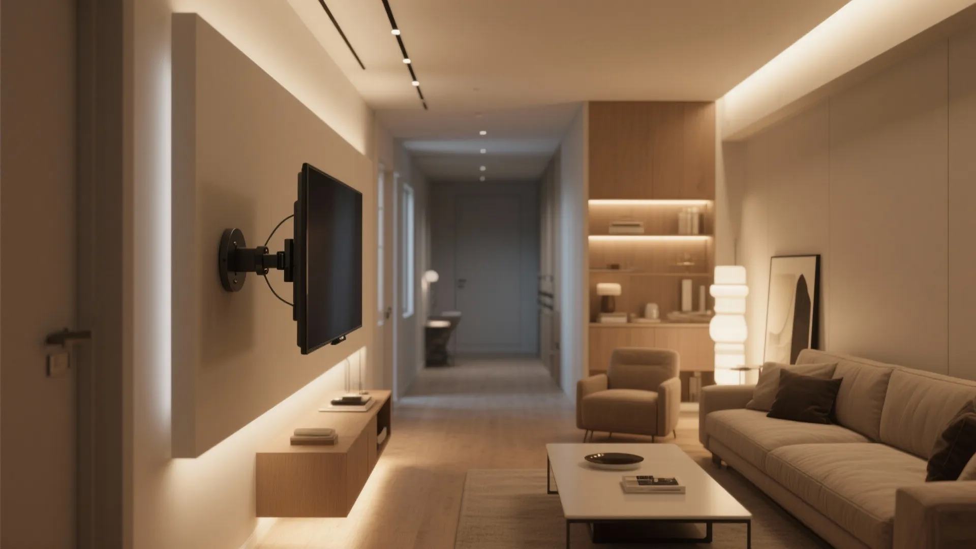 Warm living room with television on swing arm mount beige sofa and soft hidden light fixtures