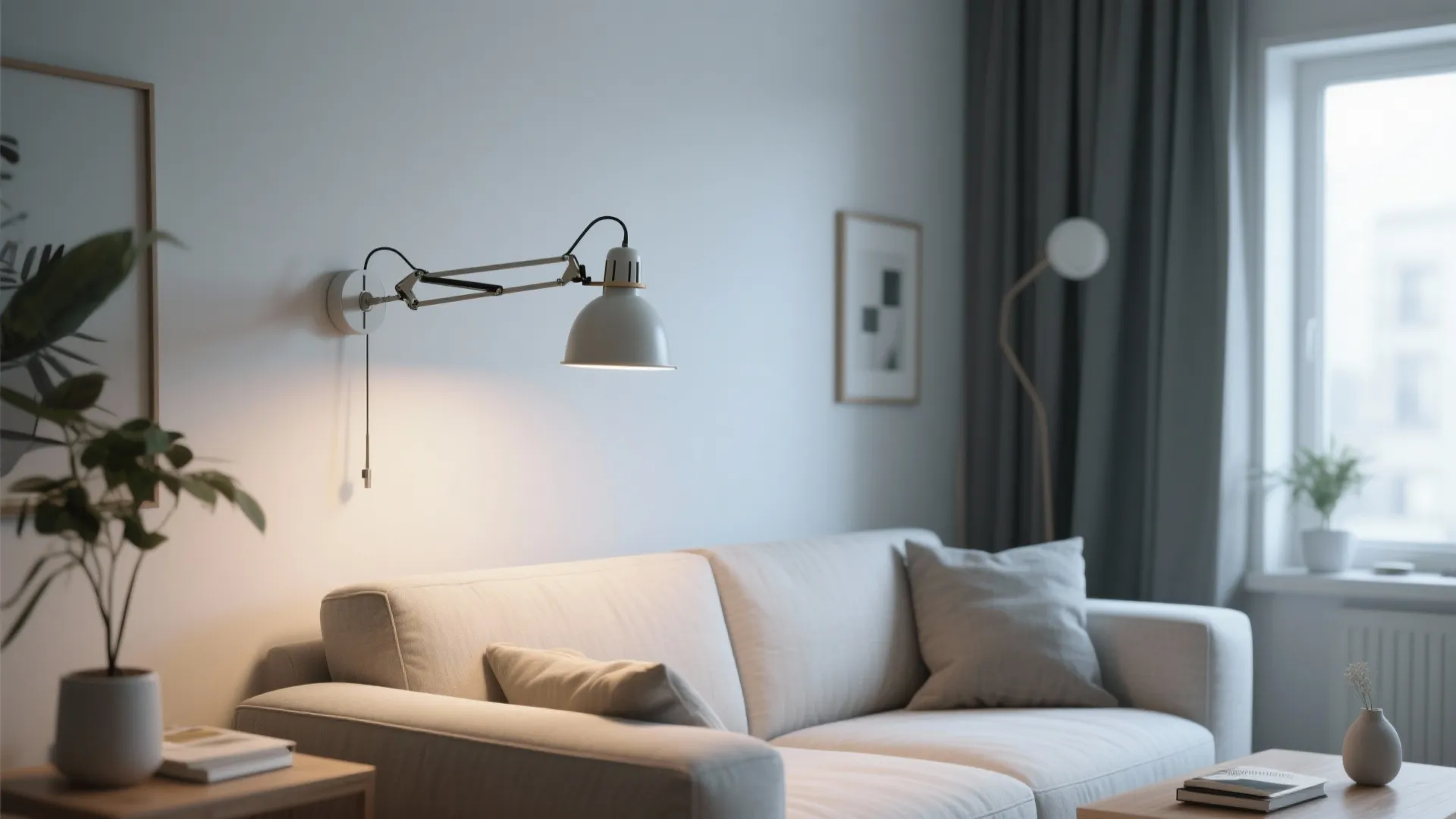 Modern white wall light with adjustable arm mounted above a grey sofa in bright living room