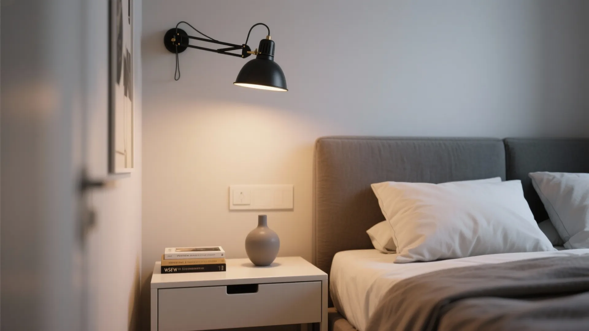 Minimalist bedroom featuring a black wall light above a white nightstand with books and vase