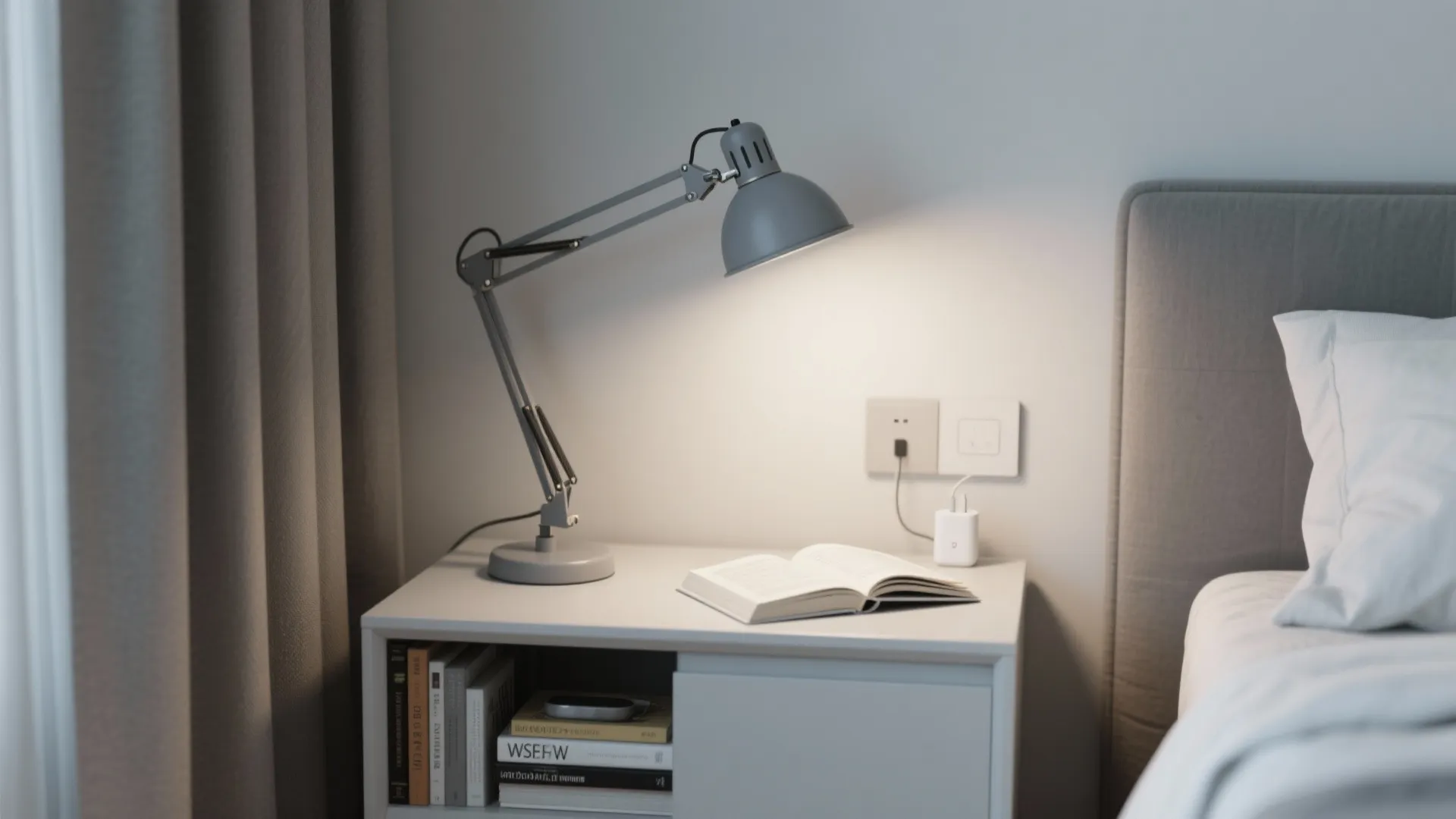 Compact bedroom with an adjustable gray swing-arm wall lamp providing focused reading light