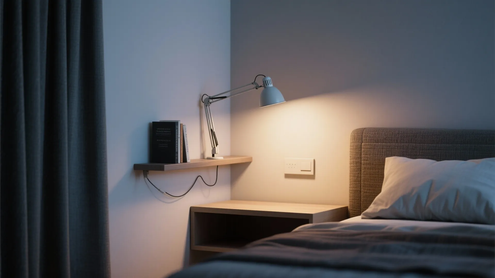 Adjustable white desk light on a wooden shelf next to a bed with grey pillows