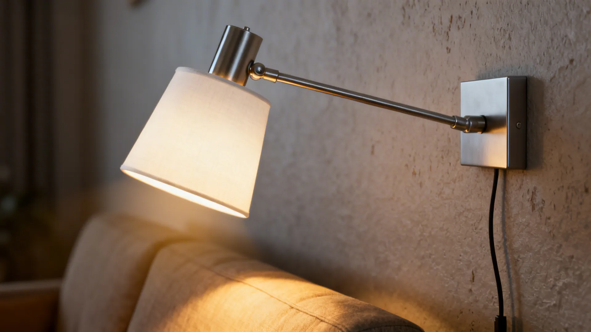 Metal wall light with fabric shade mounted above a sofa on a textured beige wall background