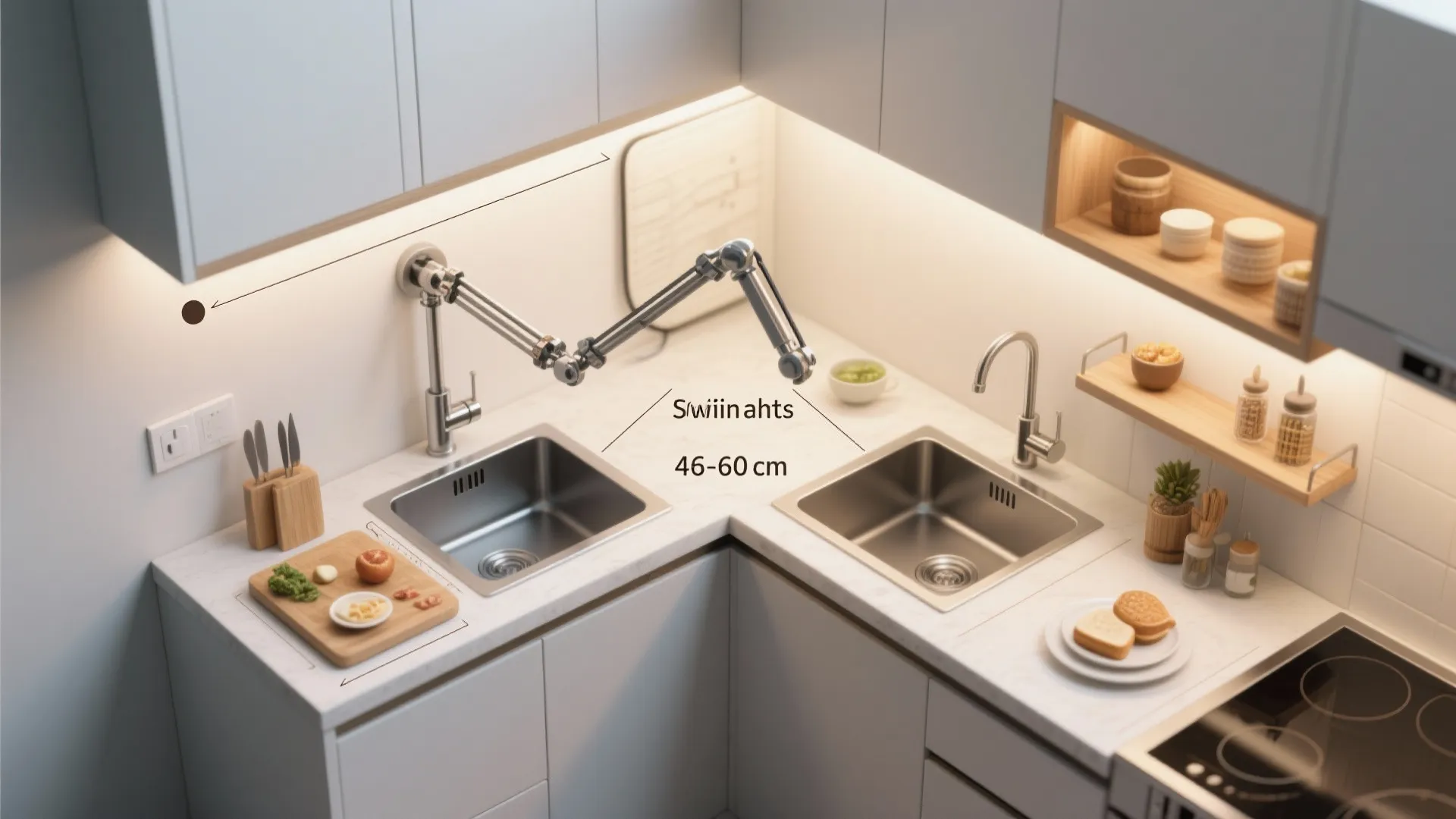 Plug-in swing arms for flexible prep and dining