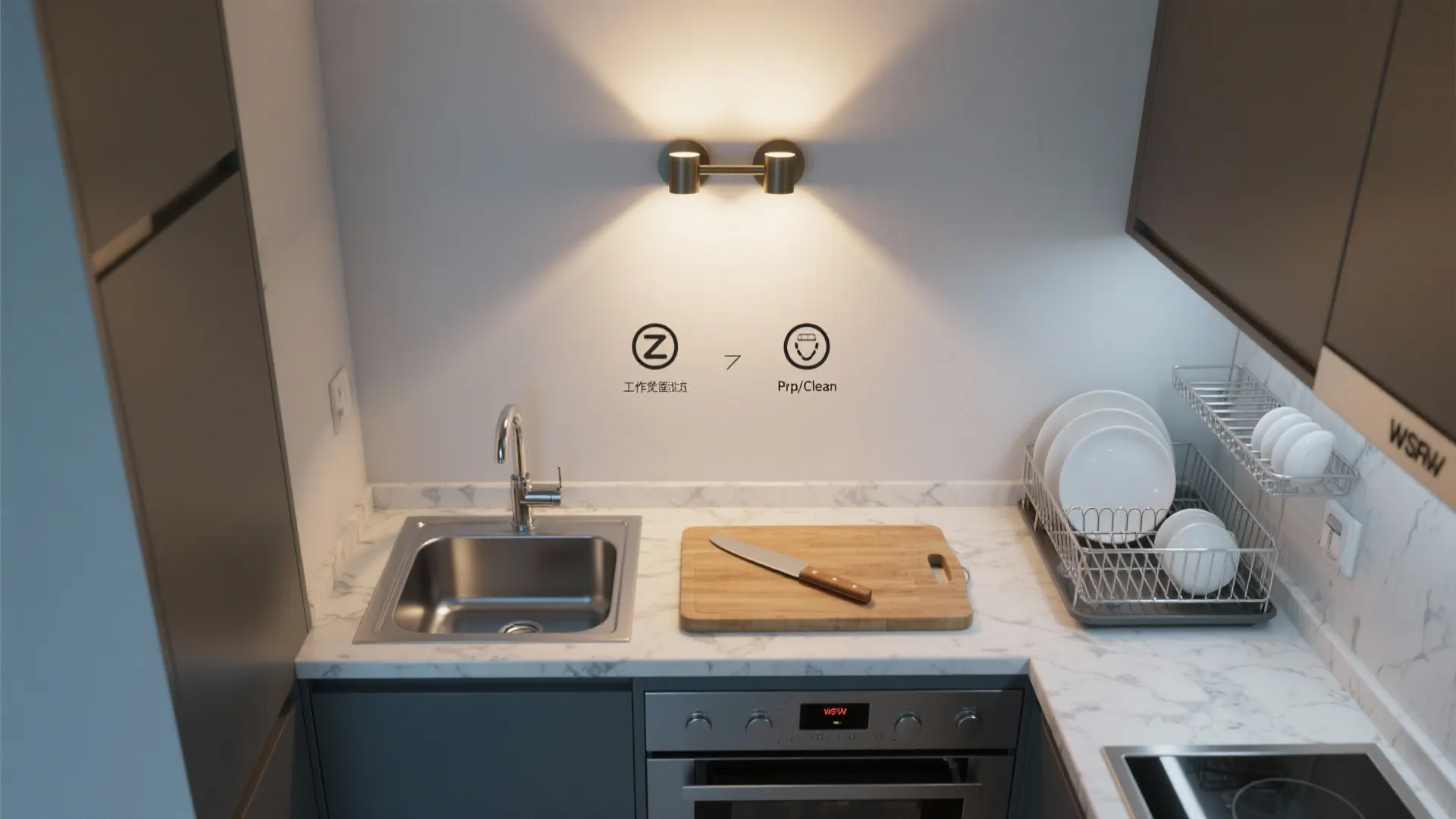 Swing-arm zoning between sink and prep station