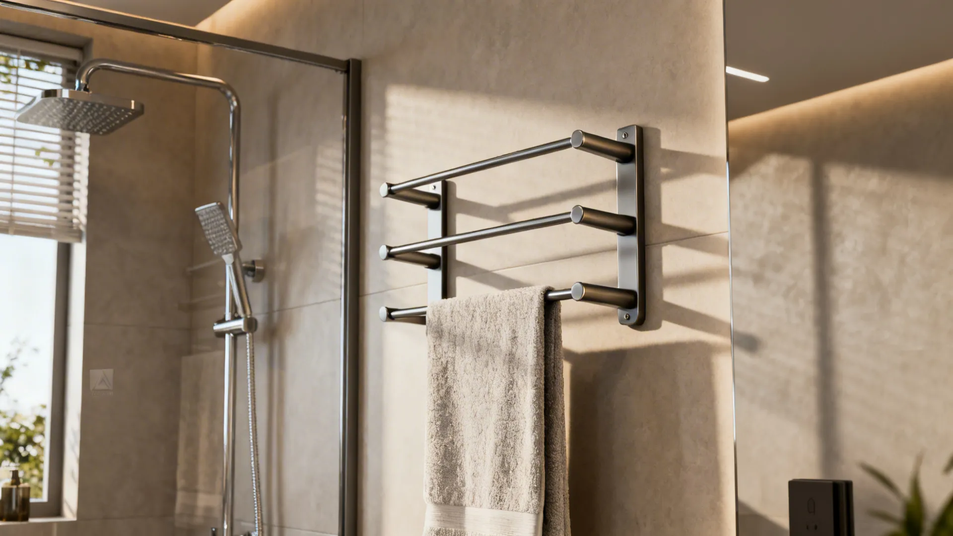 Three-arm fold-down swing towel rack with one arm extended in a compact ensuite.