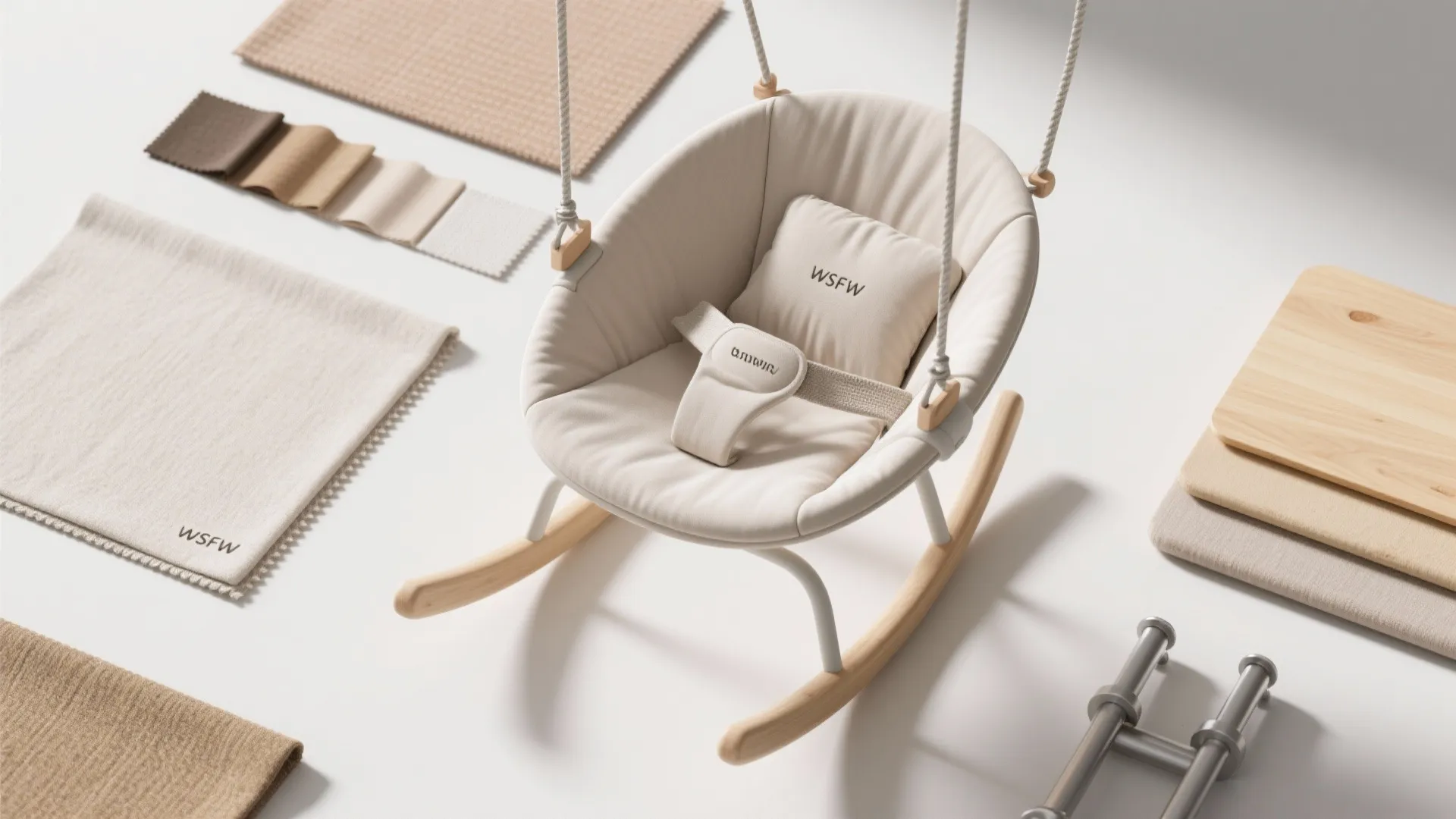 Material swatches and parts for a multi-functional swing-chair