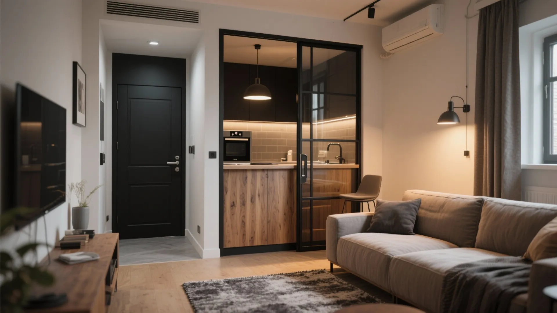 Half-height café swing door separating kitchenette from studio living area with warm wood tones.