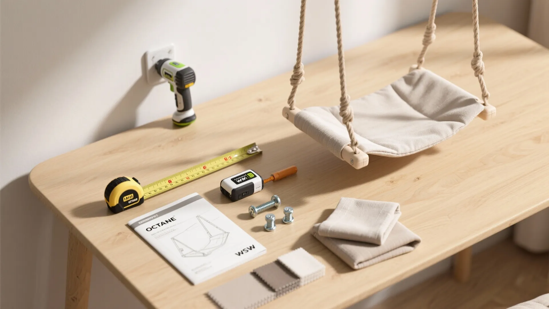 Installation tools including tape measure and manual on wood table next to a small swing