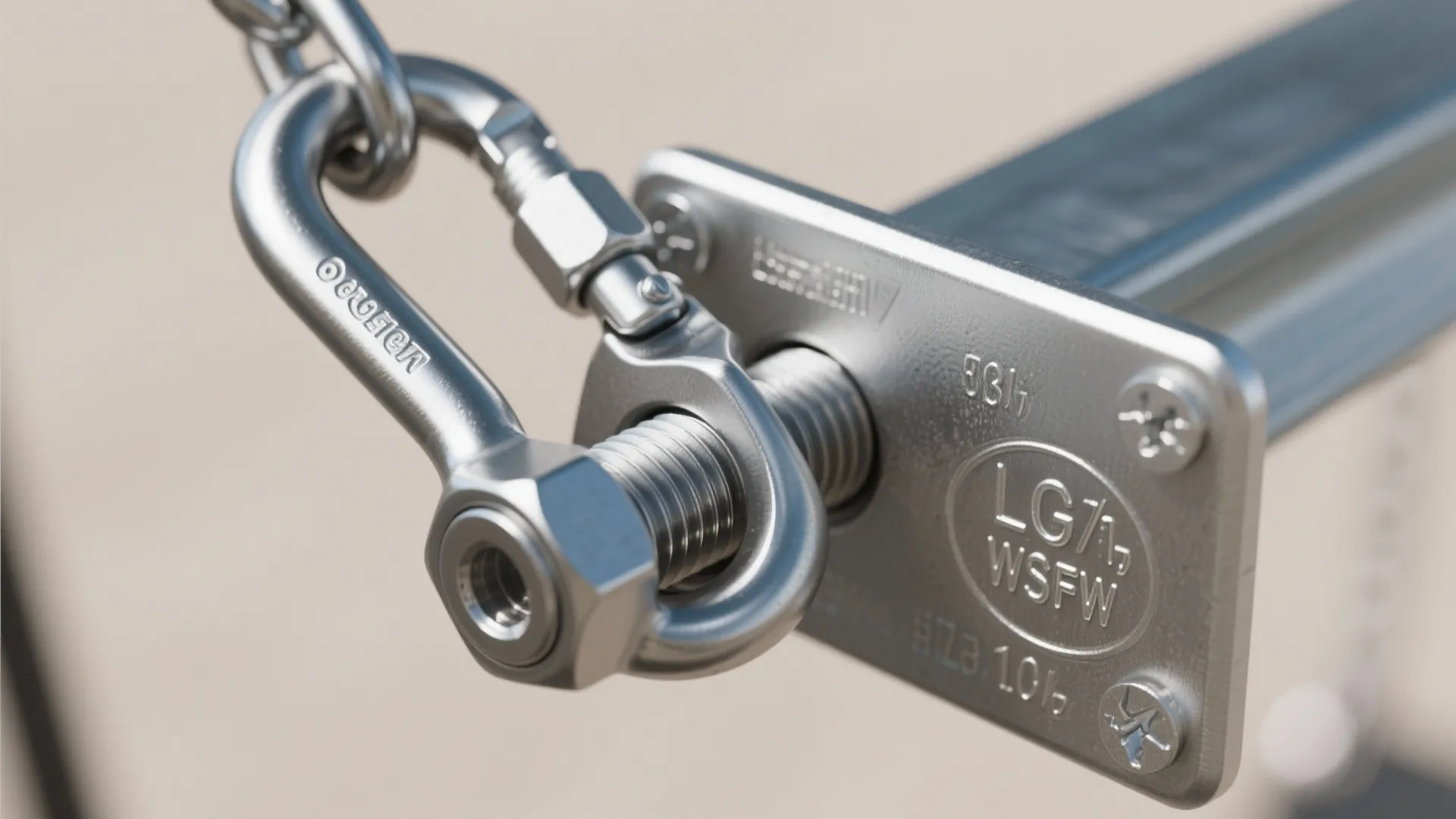 Close-up of stainless-steel swing hardware and anchors with visible load ratings