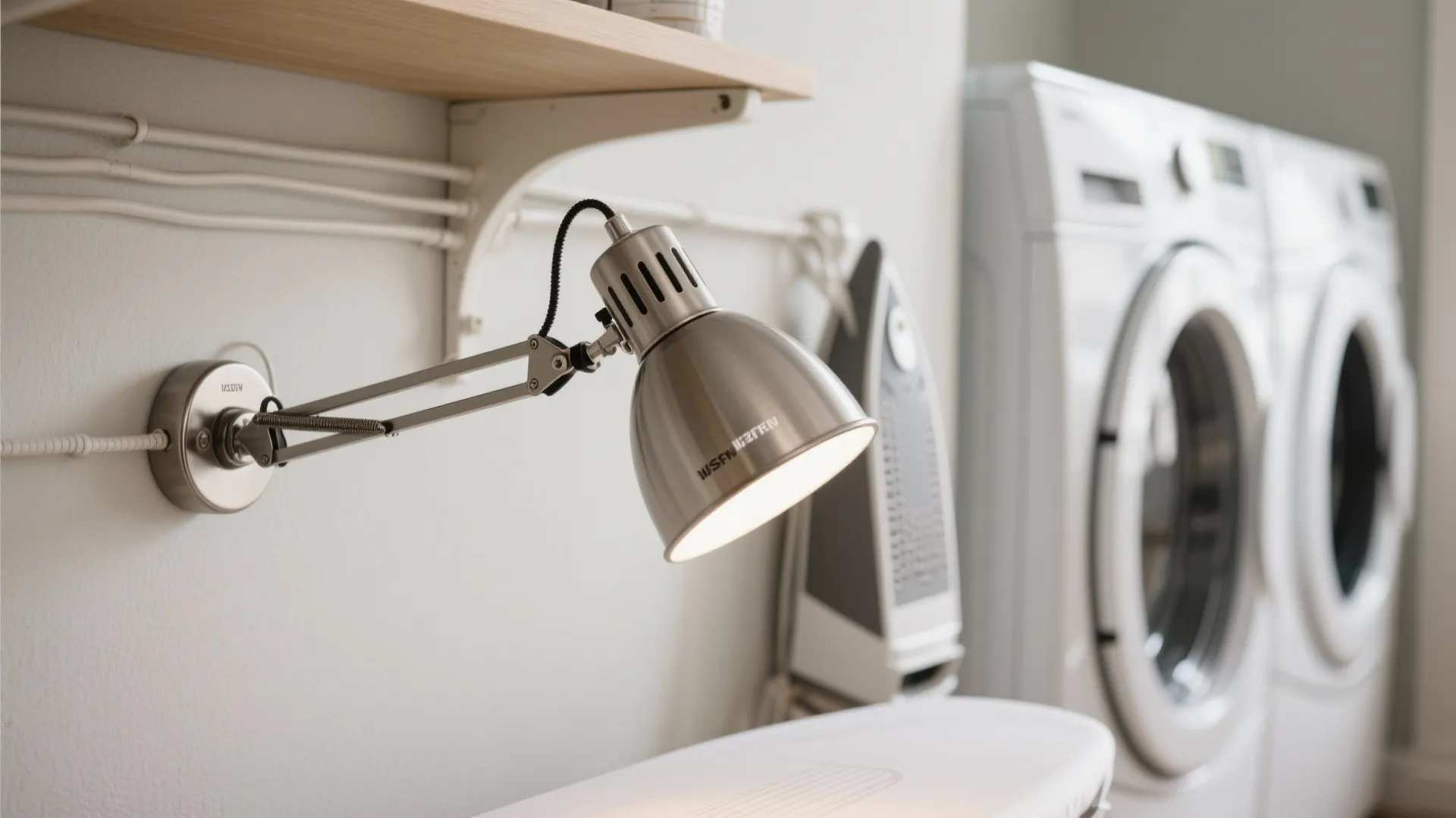 Silver wall light mounted above an ironing board with washing machines in the blurred background
