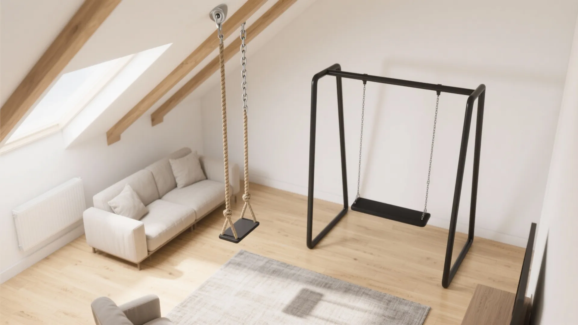 Modern attic room with roof windows white sofa grey rug and two black indoor swings