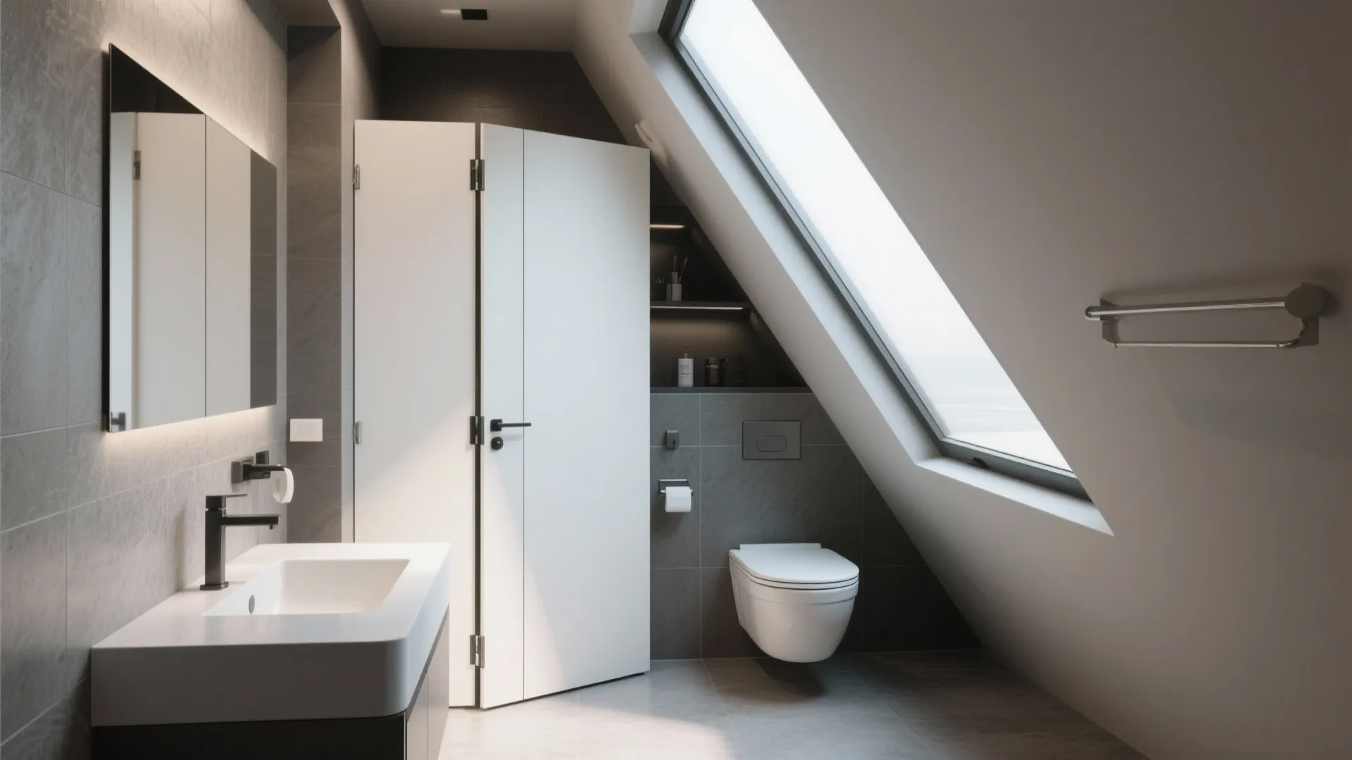 Modern bathroom with white folding door under roof window featuring sink toilet and grey tiles