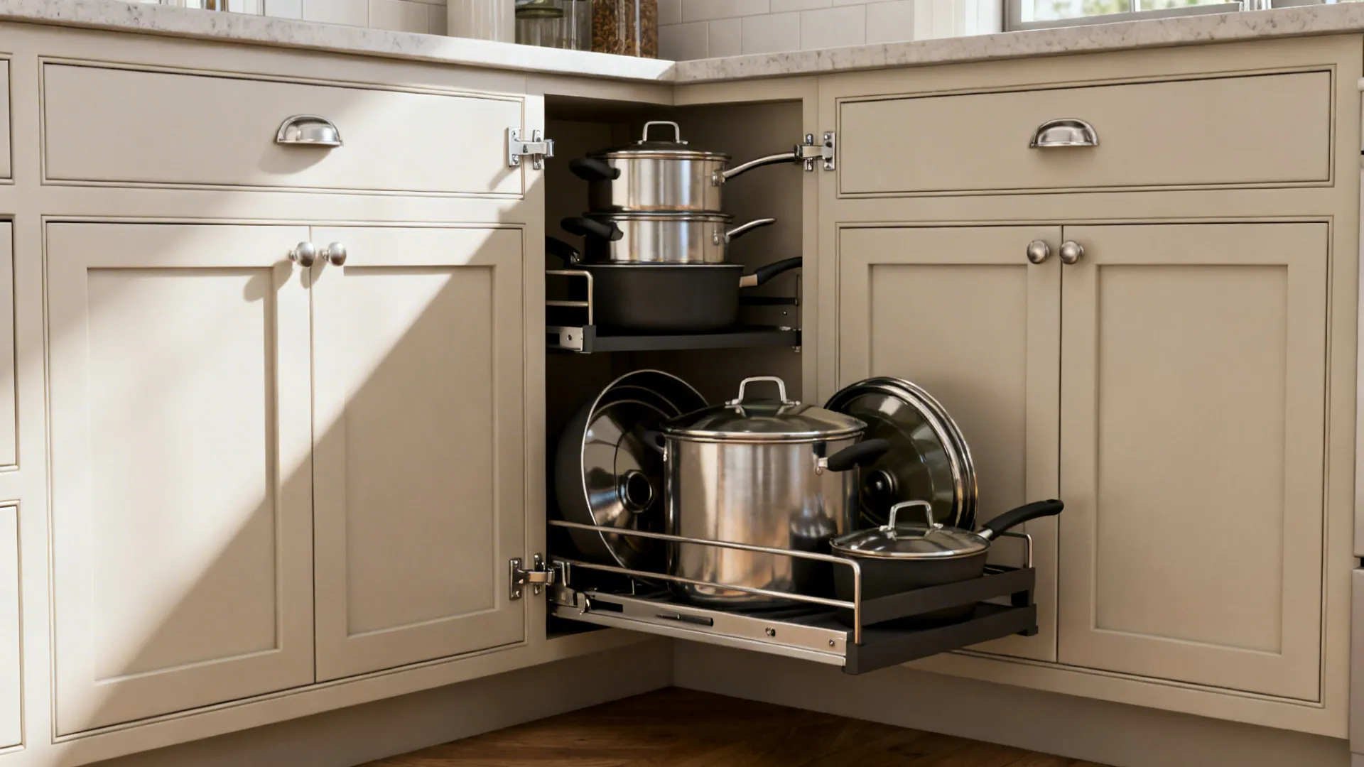 Corner swing-out shelves with cookware organized upright, shown mid-swing