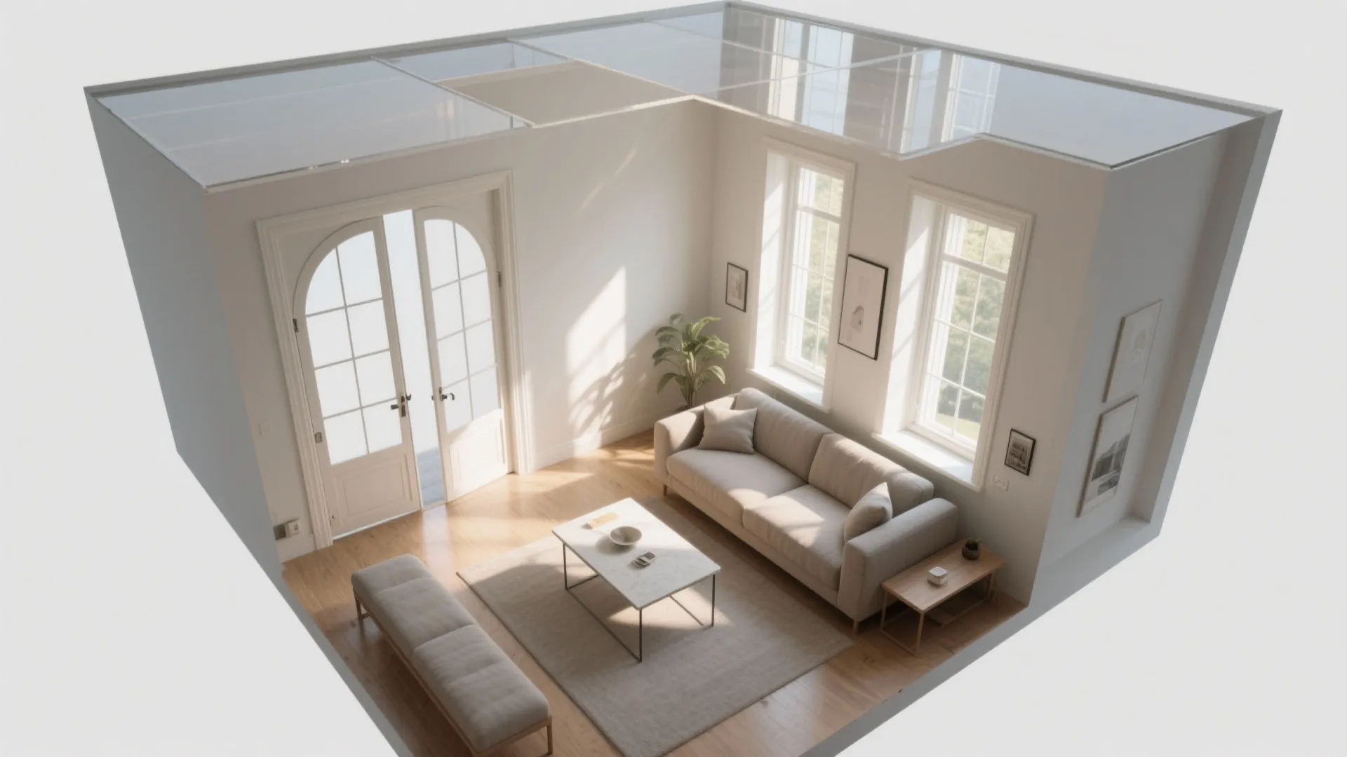 Interior design drawing of a white living room with sofa coffee table and wood floor