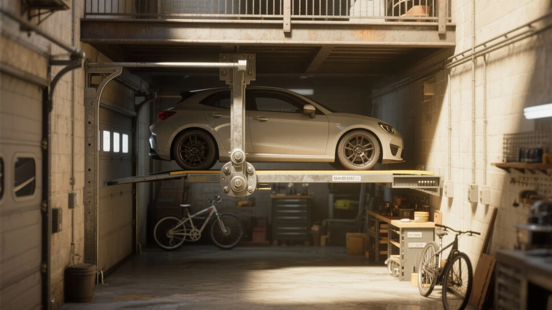 White car parked on a metal lift inside a home garage with bikes and tools